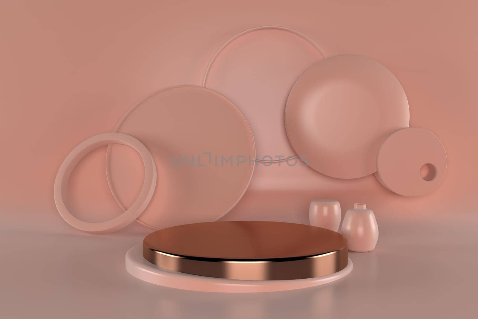 Abstract geometric podium background. Minimalist primitive shapes. Modern mockup. Blank template. Empty showcase. 3d render of shop display