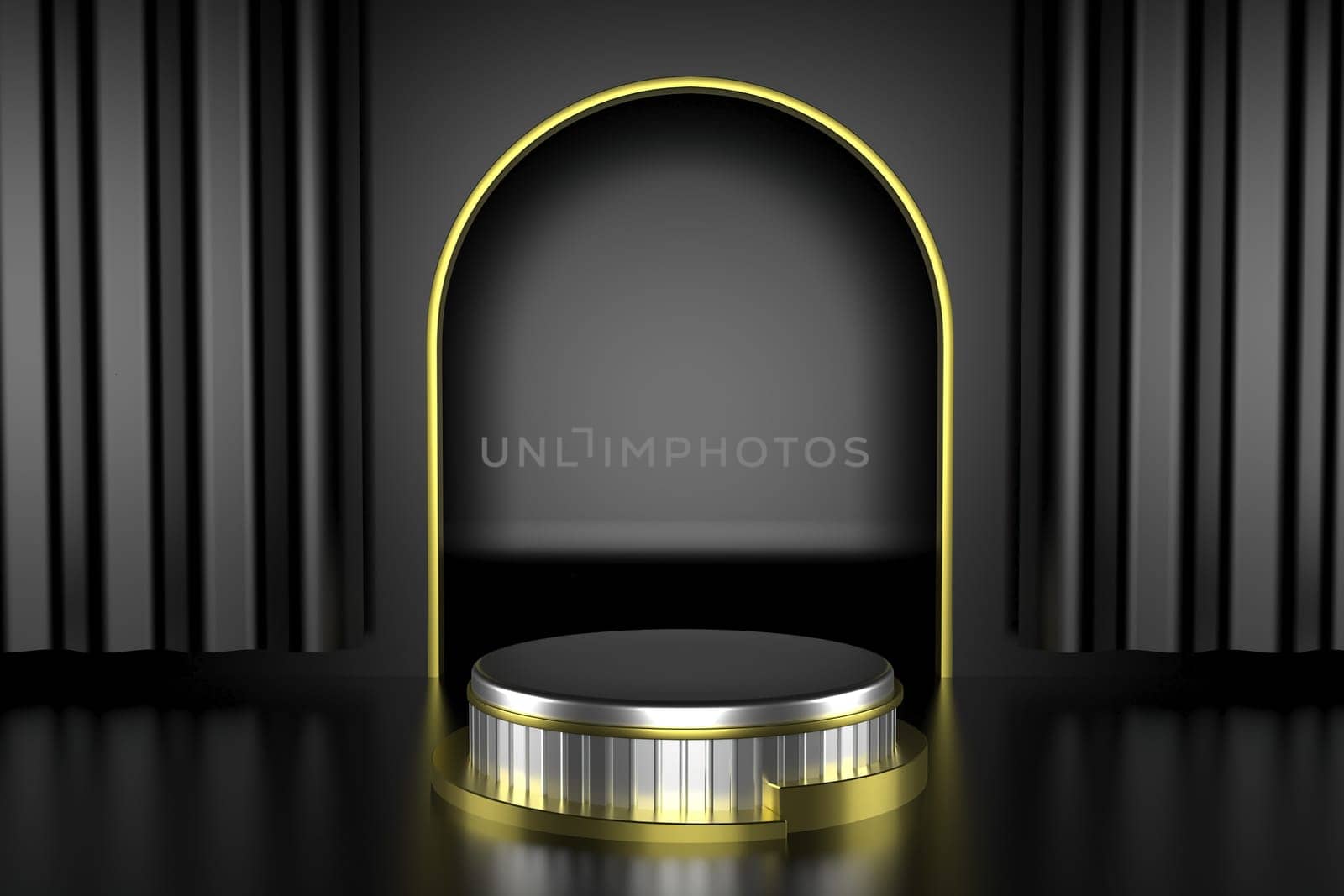 Abstract geometric podium background. Minimalist primitive shapes. Modern mockup. Blank template. Empty showcase. 3d render of shop display