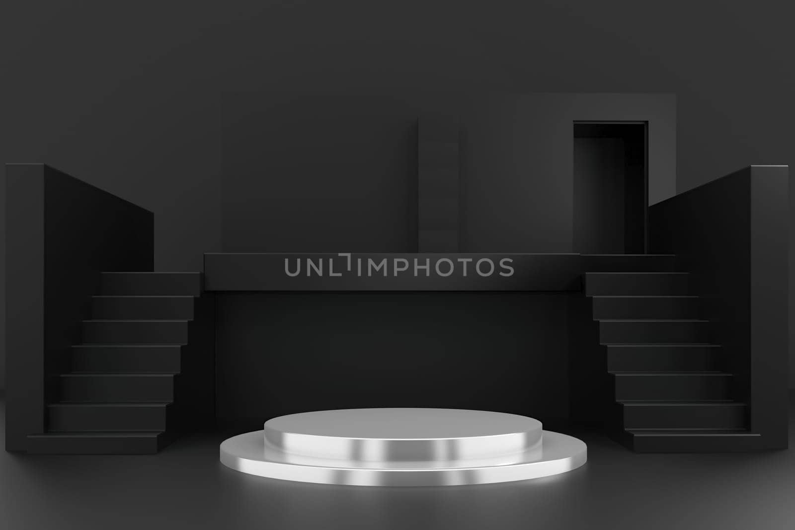Abstract geometric podium background. Minimalist primitive shapes. Modern mockup. Blank template. Empty showcase. 3d render of shop display