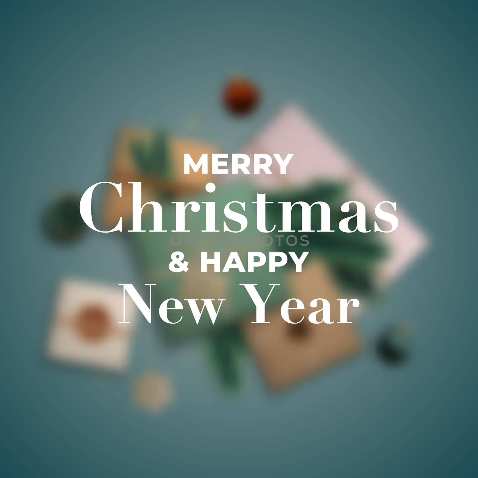 Xmas composition blurred in background with inscription: Merry Christmas and Happy New Year. Festive design template for winter holidays. Stock vector illustration.