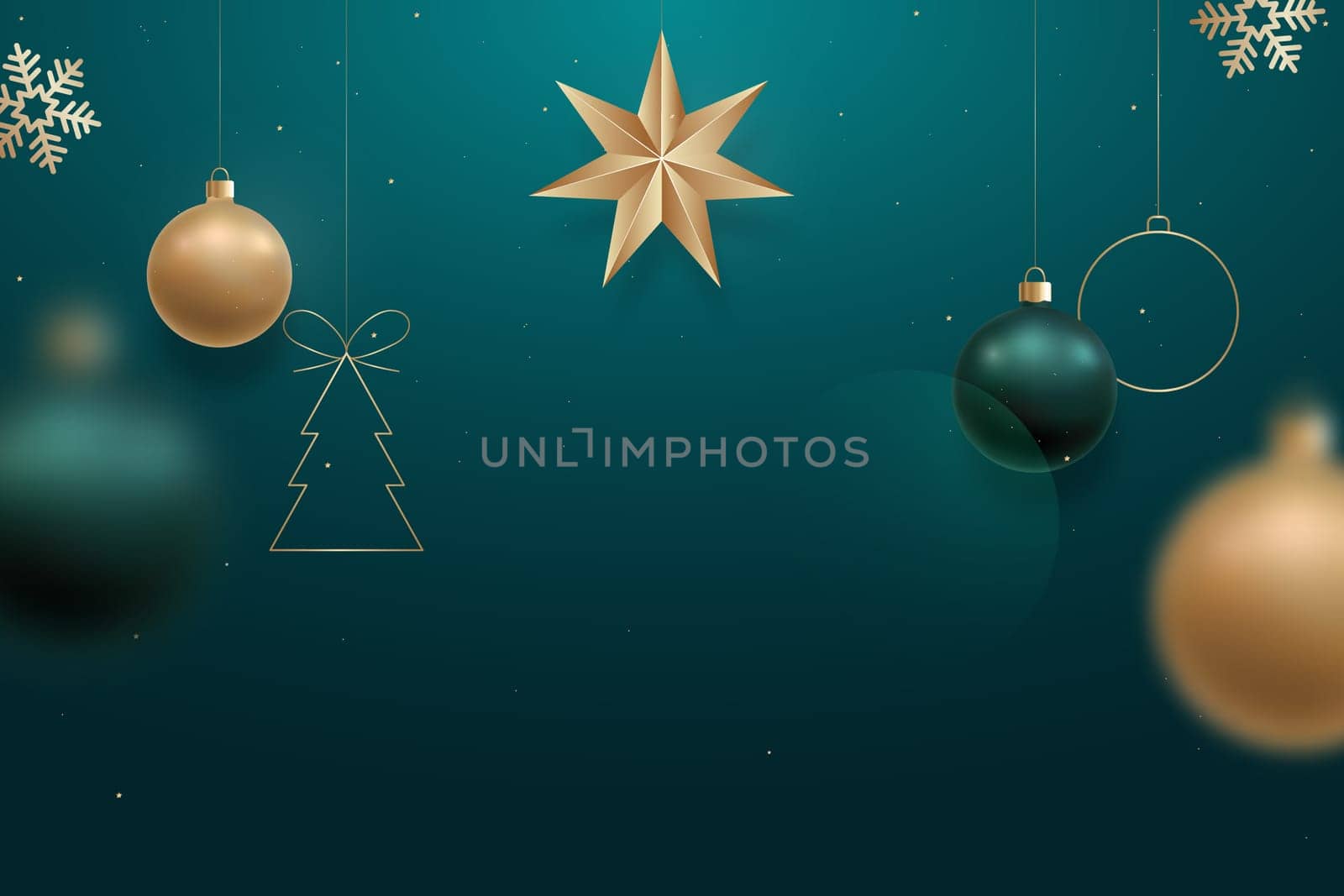 Christmas greeting bacground with hanging realistic golden and green balls, snowflakes and star. Ideal for banner, adversting, flyers, web.