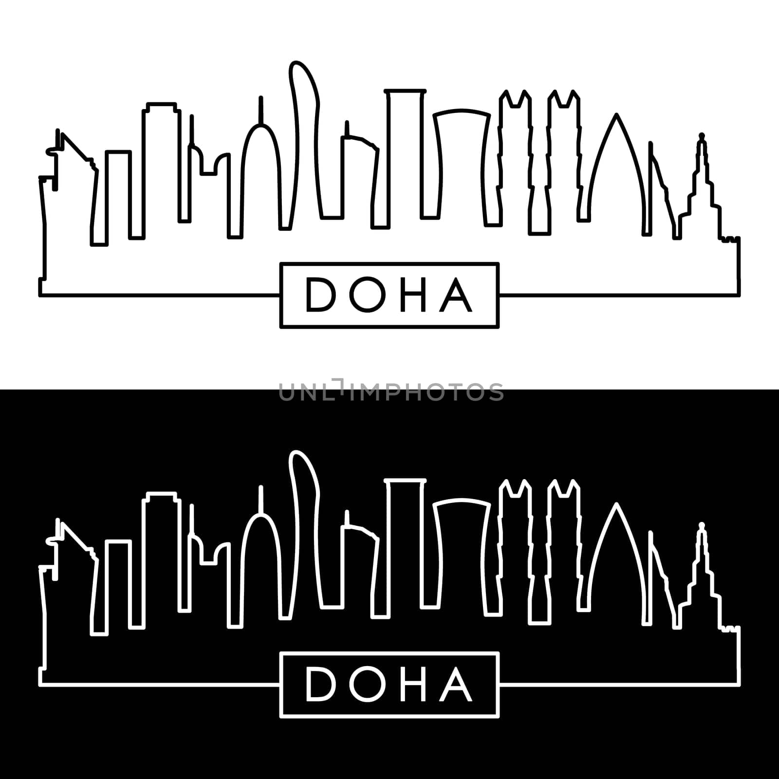 Doha skyline. Linear style..Doha city single line. Editable vector file.