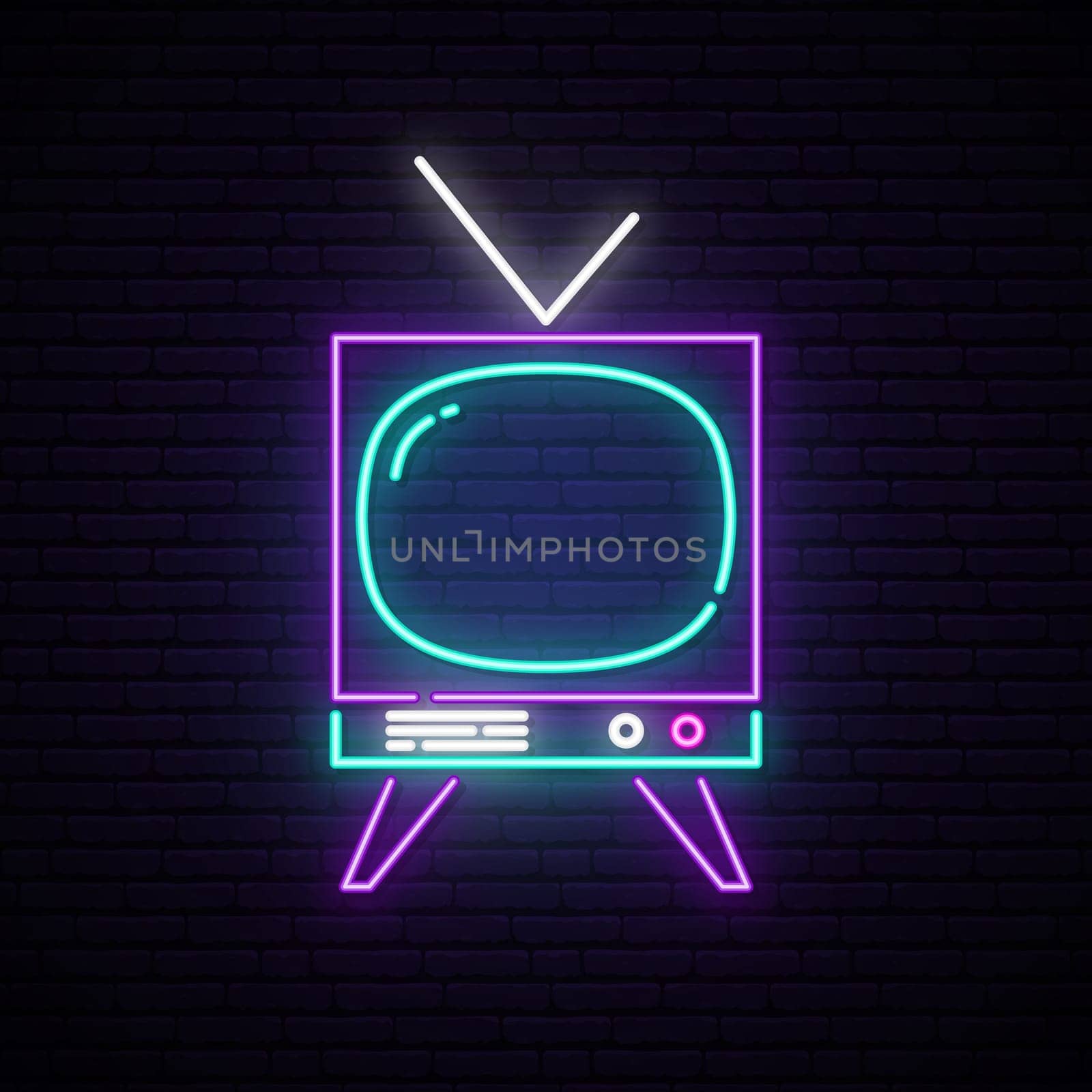 Neon retro TV sign. Glowing retro TV with antenna on dark brick wall background. Vector illustration in neon style.