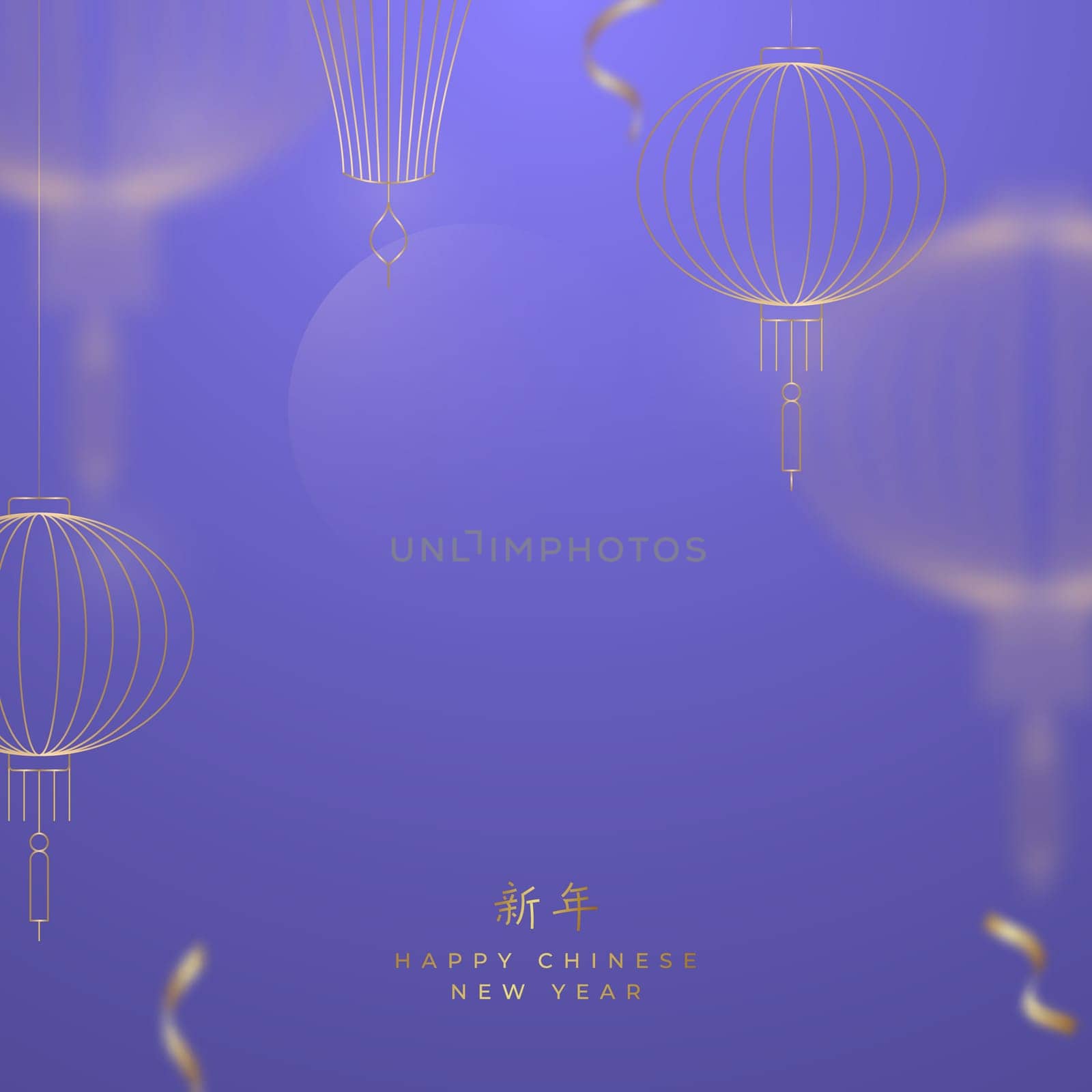 Chinese lantern contours in linear style. Festive purple background with free space. Chinese Translation: Happy new year.