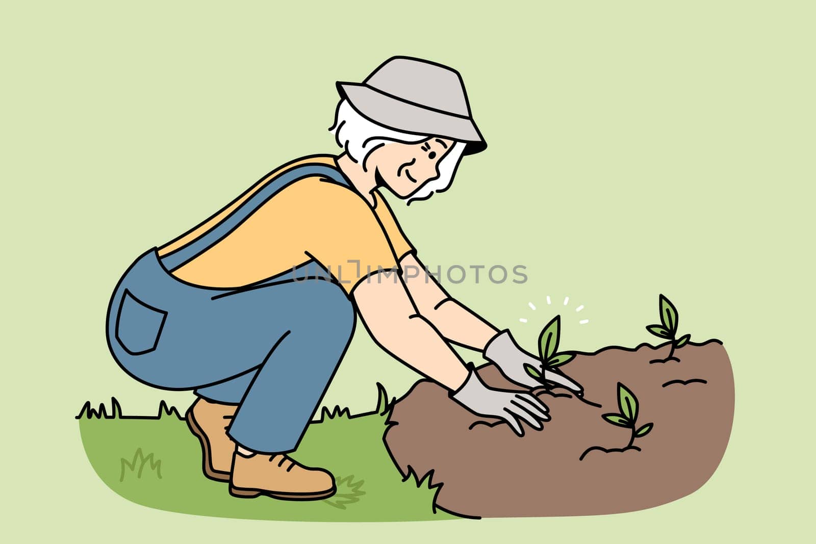 Smiling elderly woman plant seedlings in ground. Happy mature female gardener engaged in horticulture outdoors. Gardening and hobby. Vector illustration.