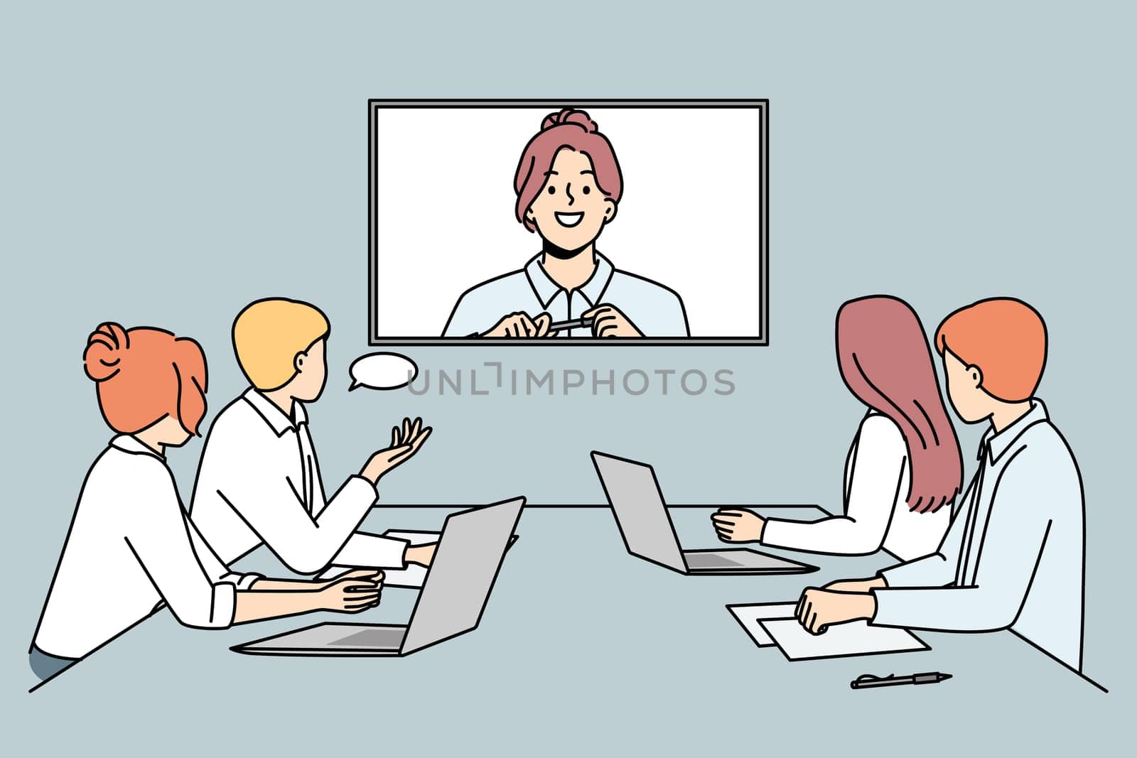 Smiling businesswoman talk on video call with colleagues in office. Businesspeople have web conference in boardroom. Digital communication. Vector illustration.