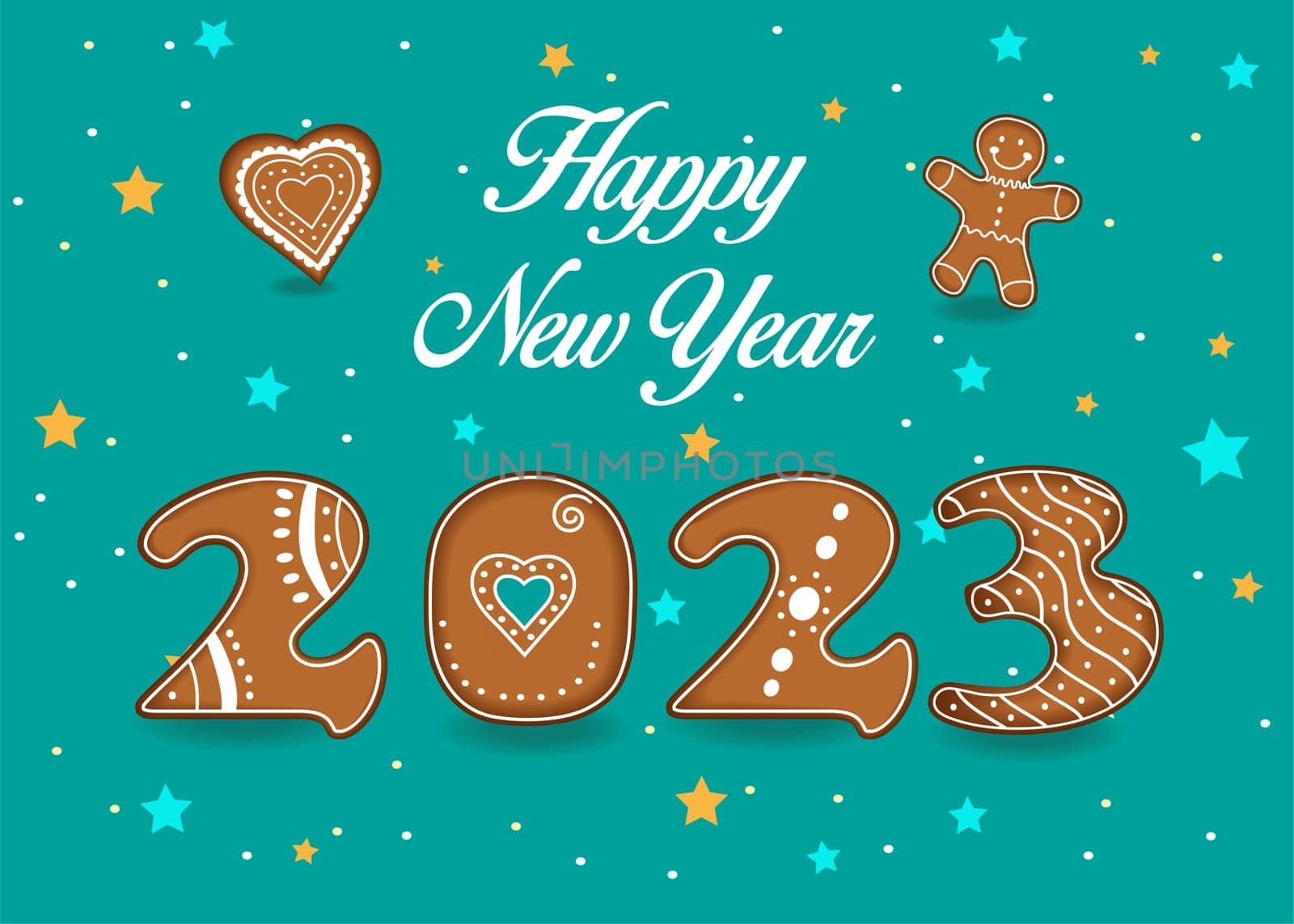 Happy New Year 2023. Artistic brown alphabet as christmas ginger cookies with white cream decor. Green background with stars and confetti. Heart and Ginger man cookies.