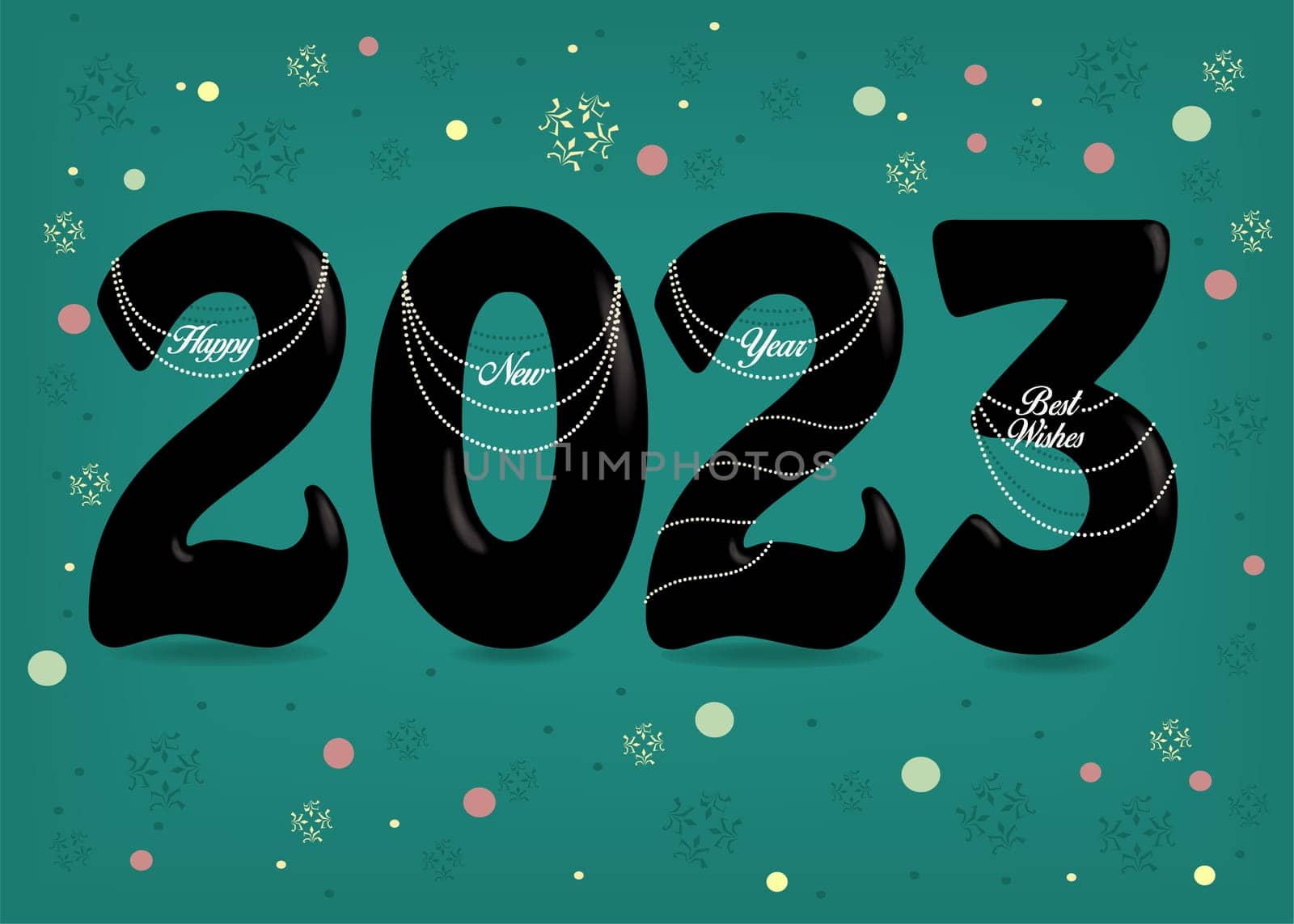 Black number 2023 with white pearl collars and texts as pendants - Happy New Year Best Wishes. Green background with colorful confetti.