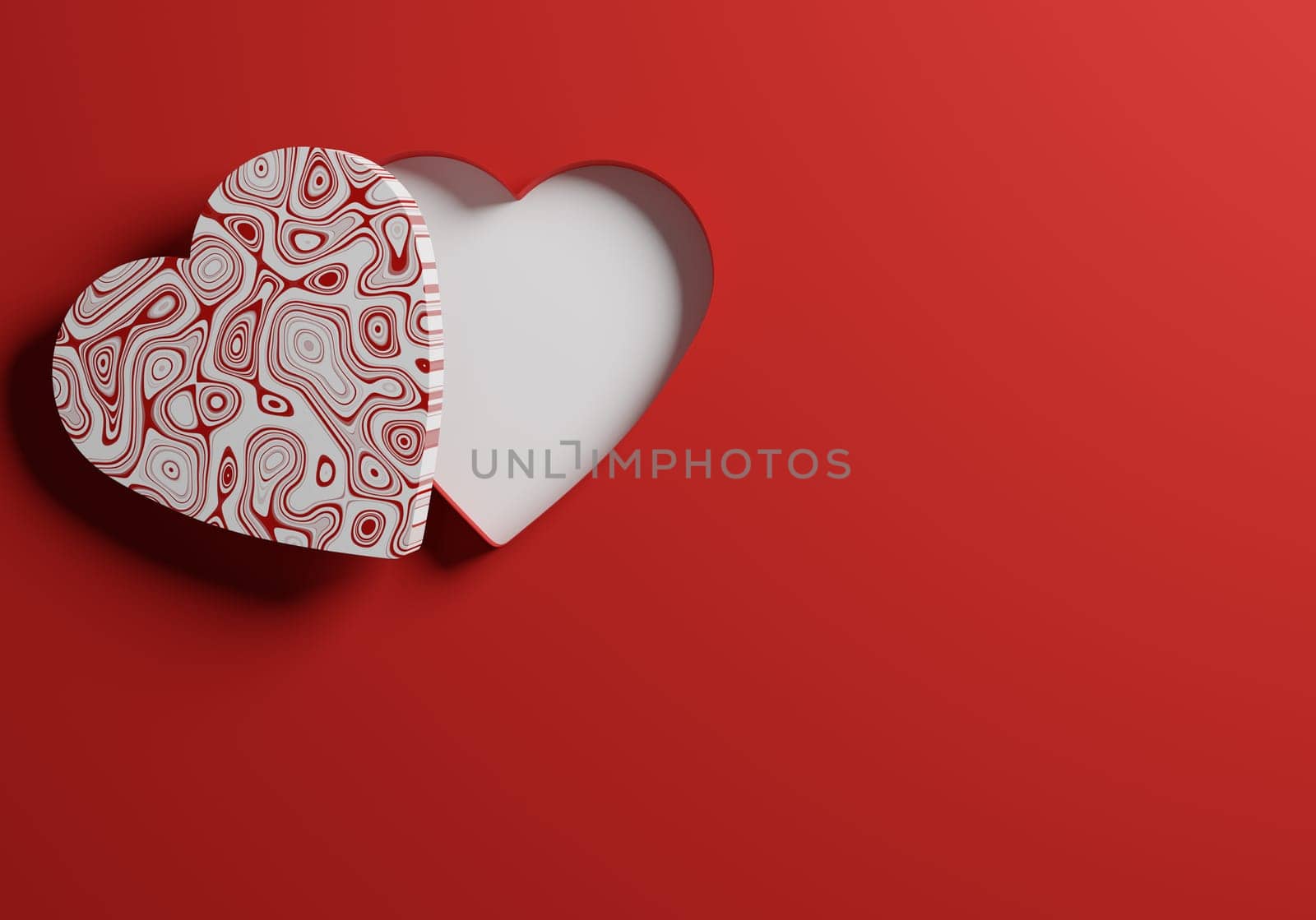 Open red heart shaped gift box or package on a red background, mock up or template, 3d rendering