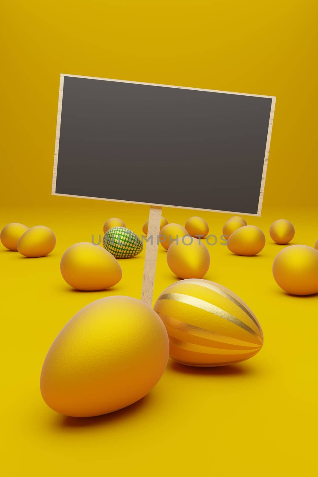 Many yellow Easter eggs with golden egg on a yellow background, modern Easter background, 3d rendering