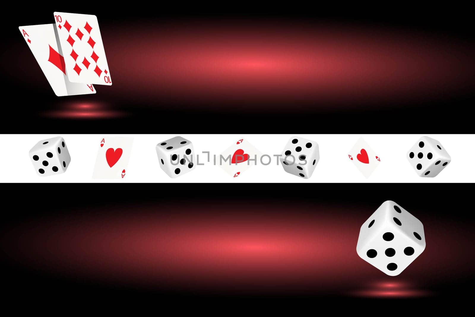 Two horizontal banners with playing cards and dice in a casino on a dark red background. The concept of gambling, online casino. Vector image.