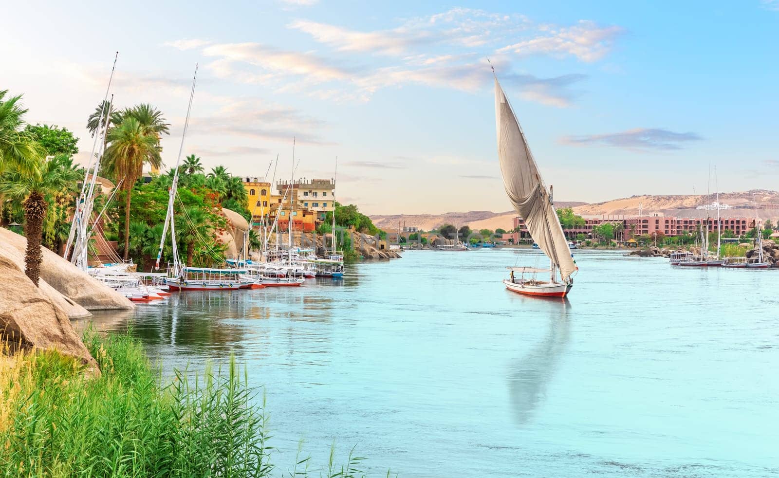 Traditional felucca in the Nile river, Aswan, Egypt, beautiful summer scenery.
