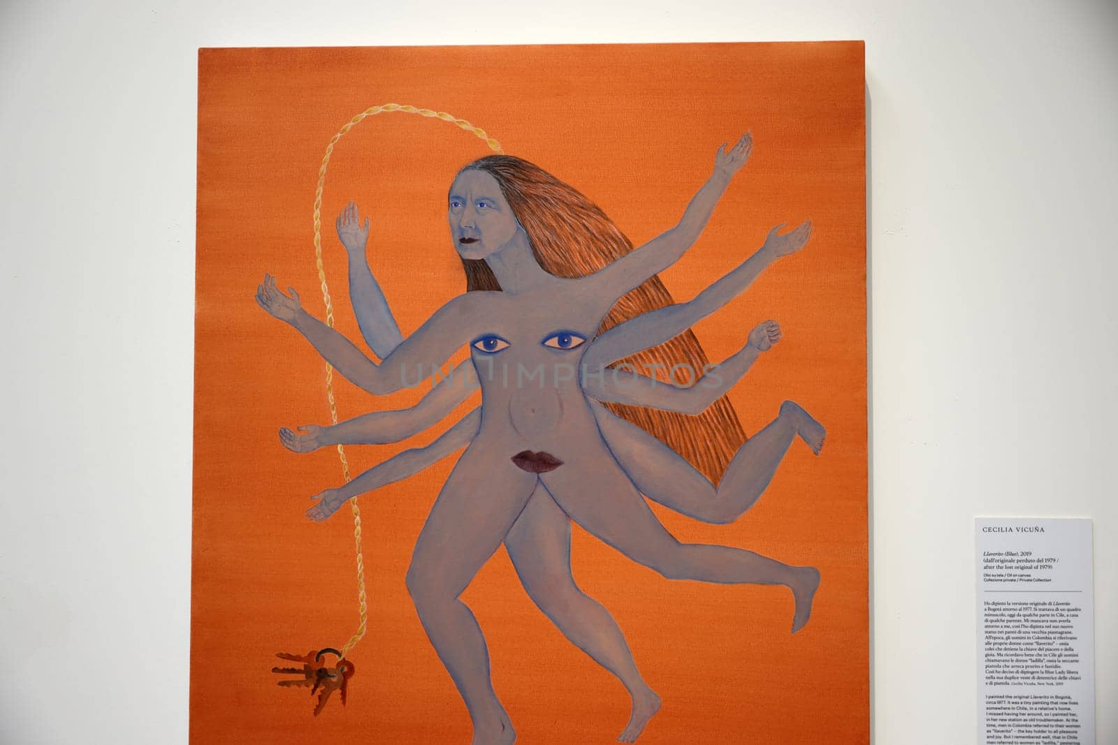 Venice, Italy - September 6, 2022:  59th Venice Art Biennale in Venice. Llaverito (Blue) , oil on canvas by Cecilia Vicuna
