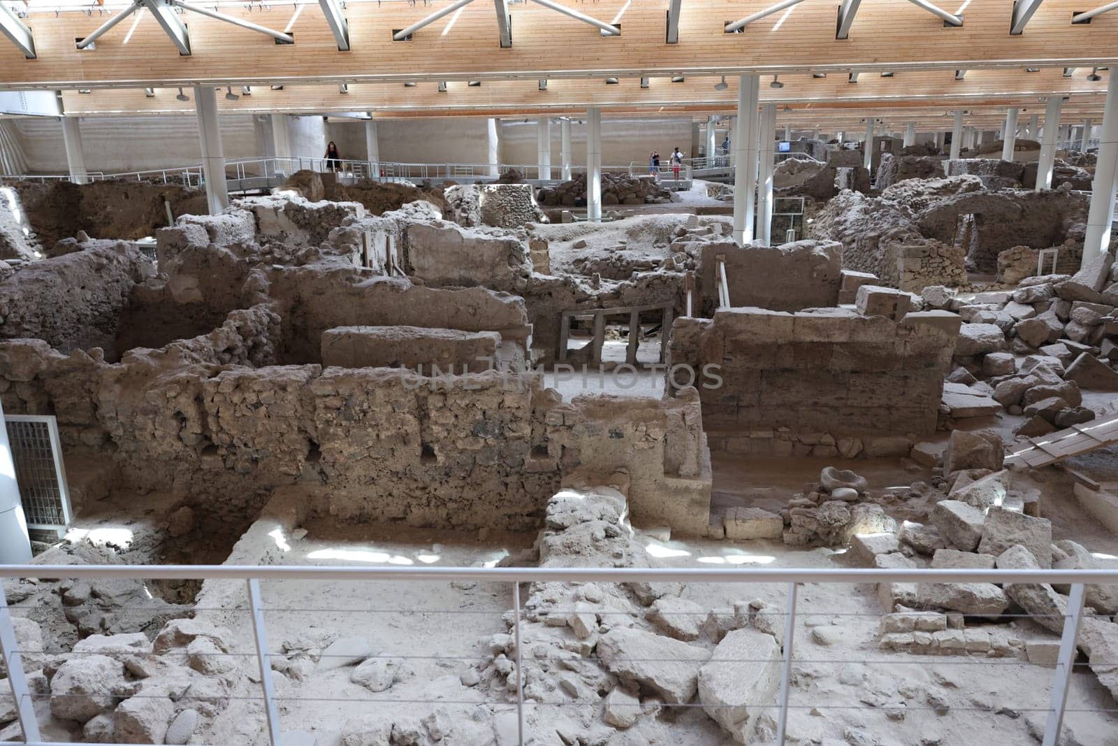 Santorini, Greece - July 01, 2021: Akrotiri, excavation site of a Minoan Bronze Age settlement on the Greek island of Santorini