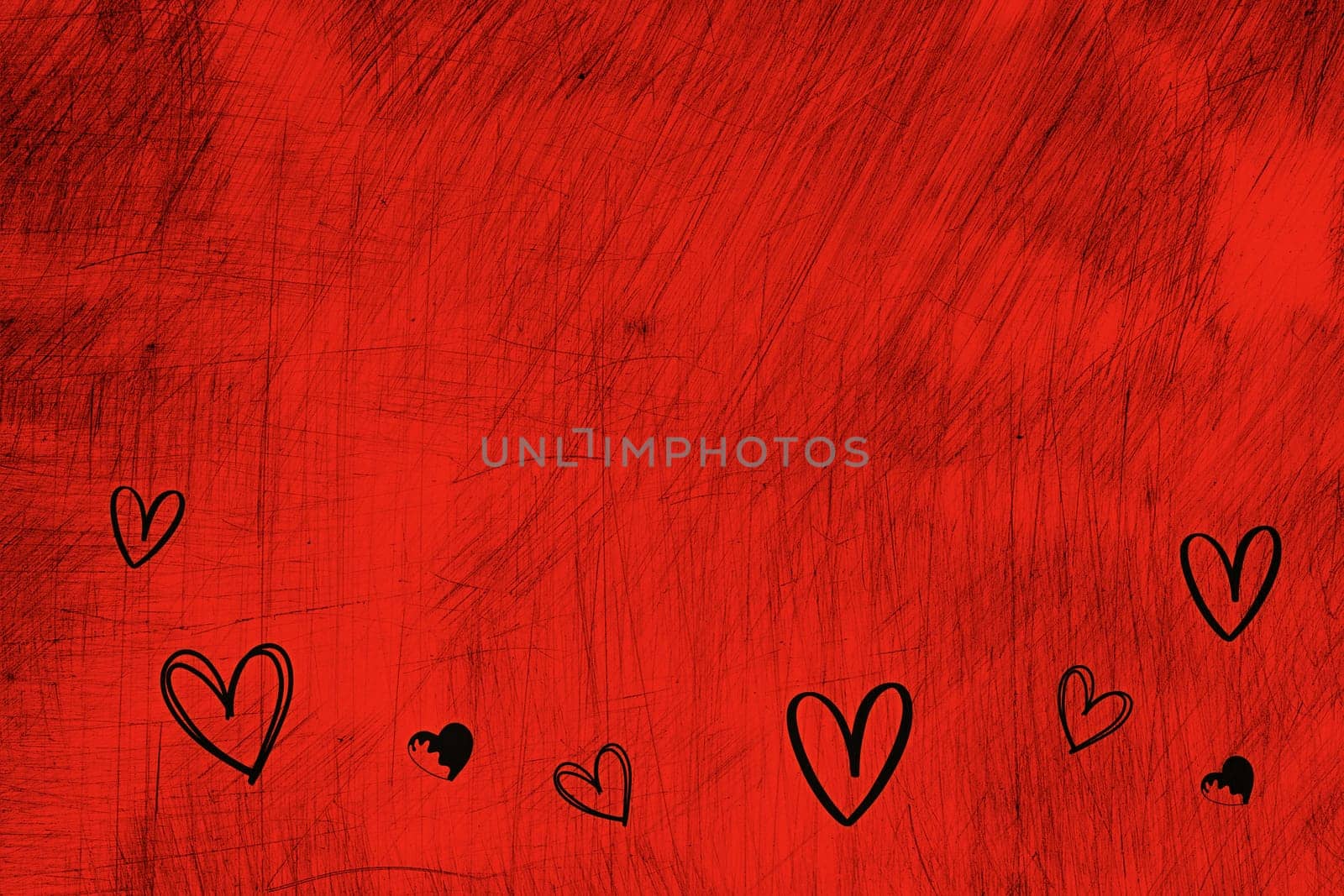 Black hearts with black scratchy background on red background
