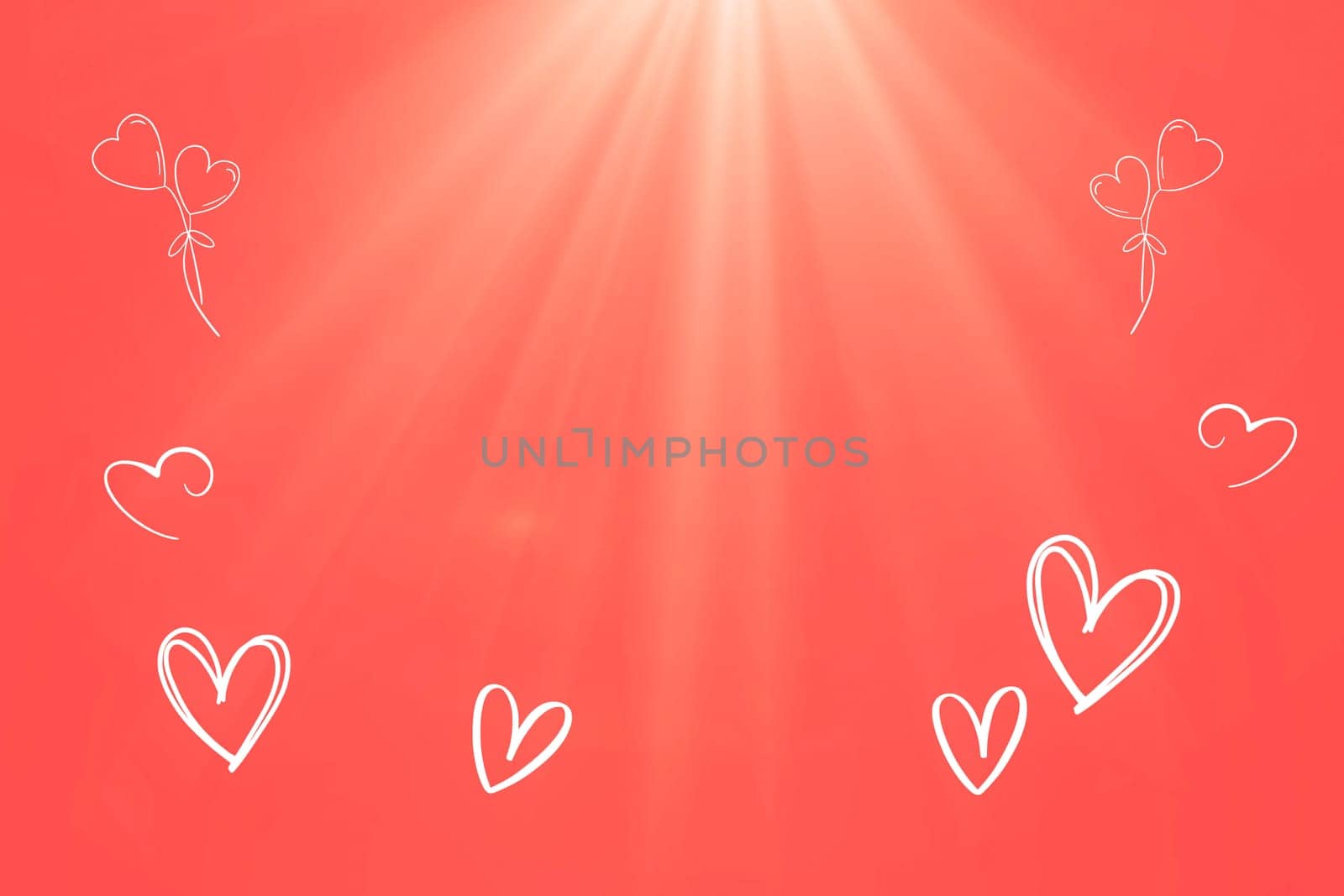 White hearts and balloons with sunbeams on a light red background
