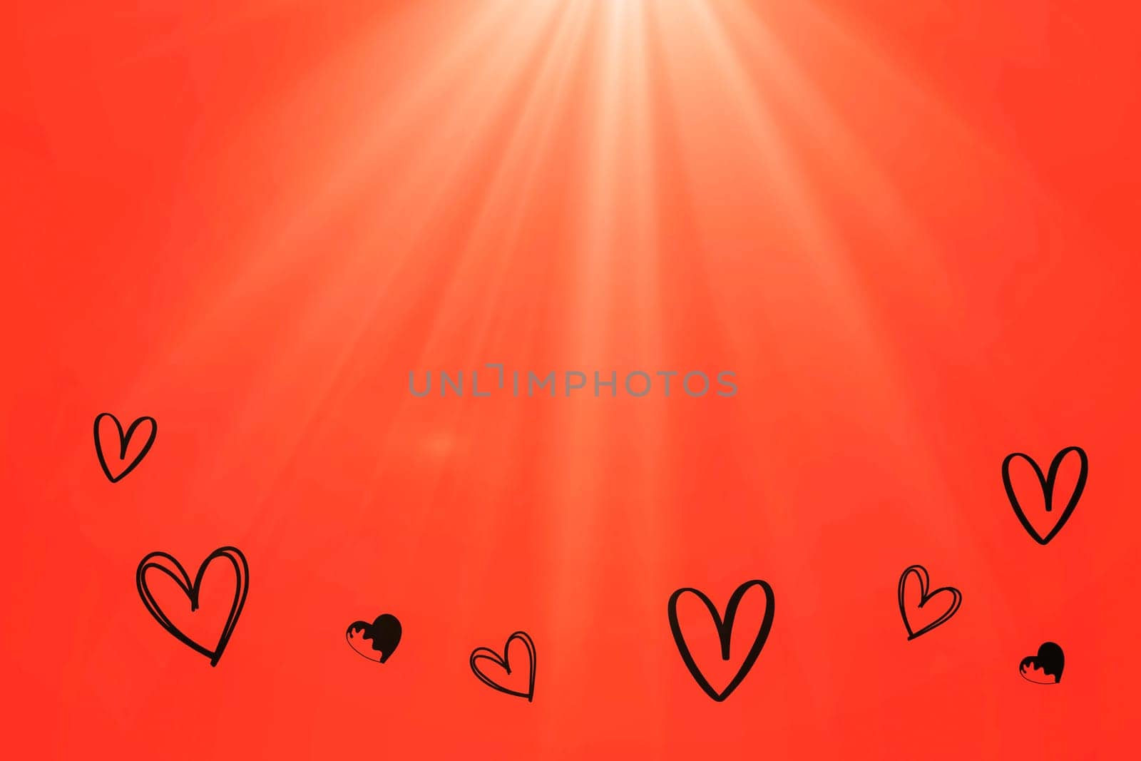 Black hearts with sunbeams on orange background