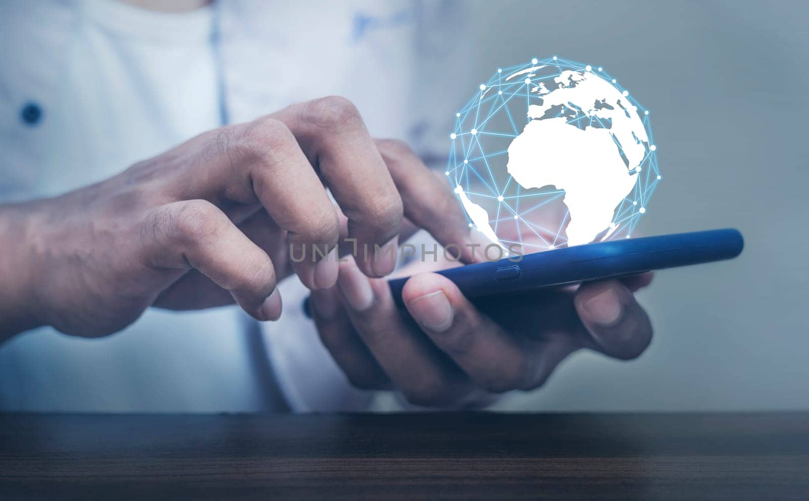Global internet connection application and technology digital marketing, Financial and banking, Businessman using smart phone mobile on blurred background