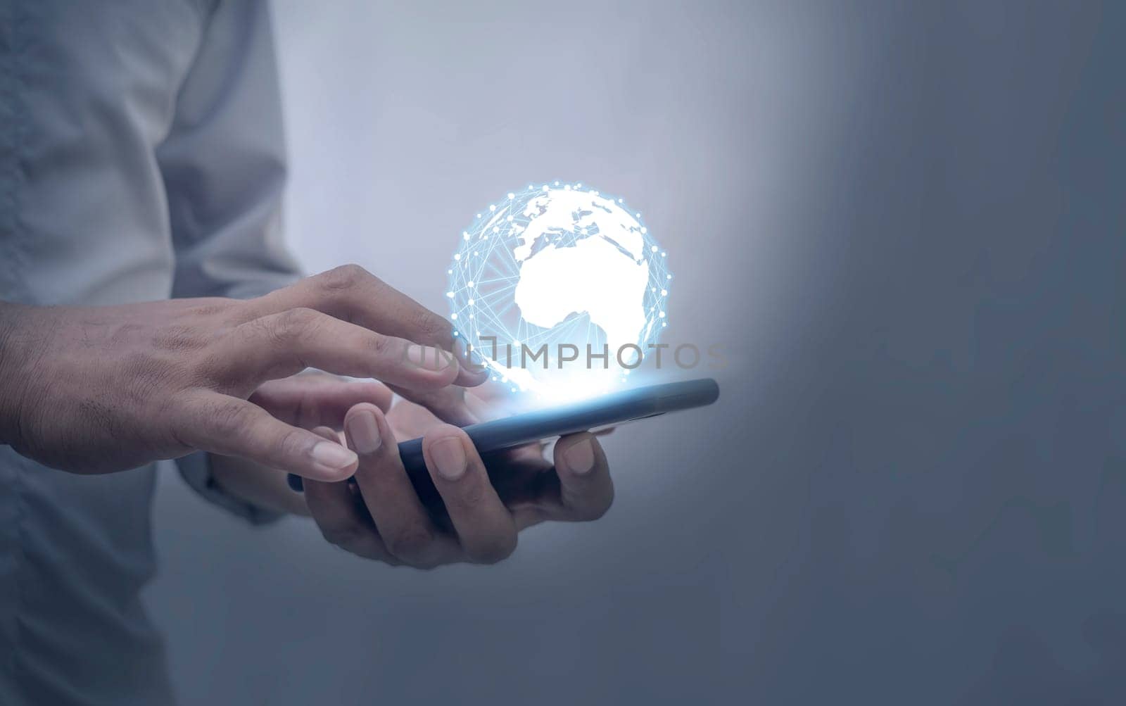 Global internet connection application and technology digital marketing, Financial and banking, Businessman using smart phone mobile on blurred background
