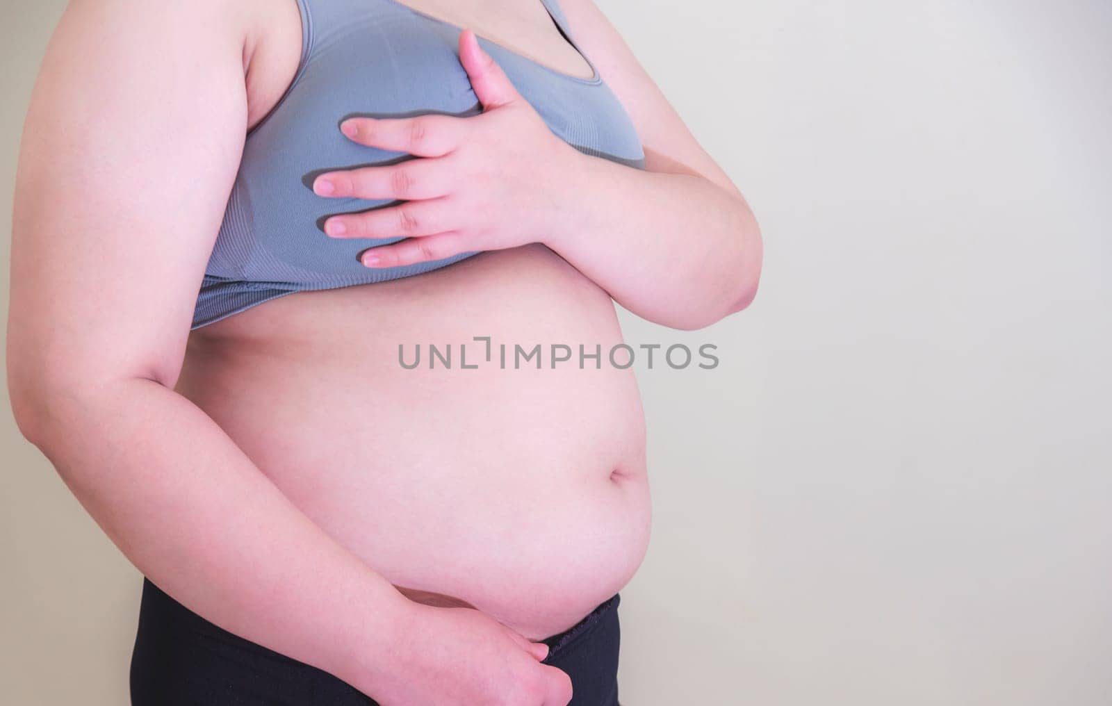 Fat woman, Shape up healthy stomach muscle, and diet lifestyle, to reduce belly concept.