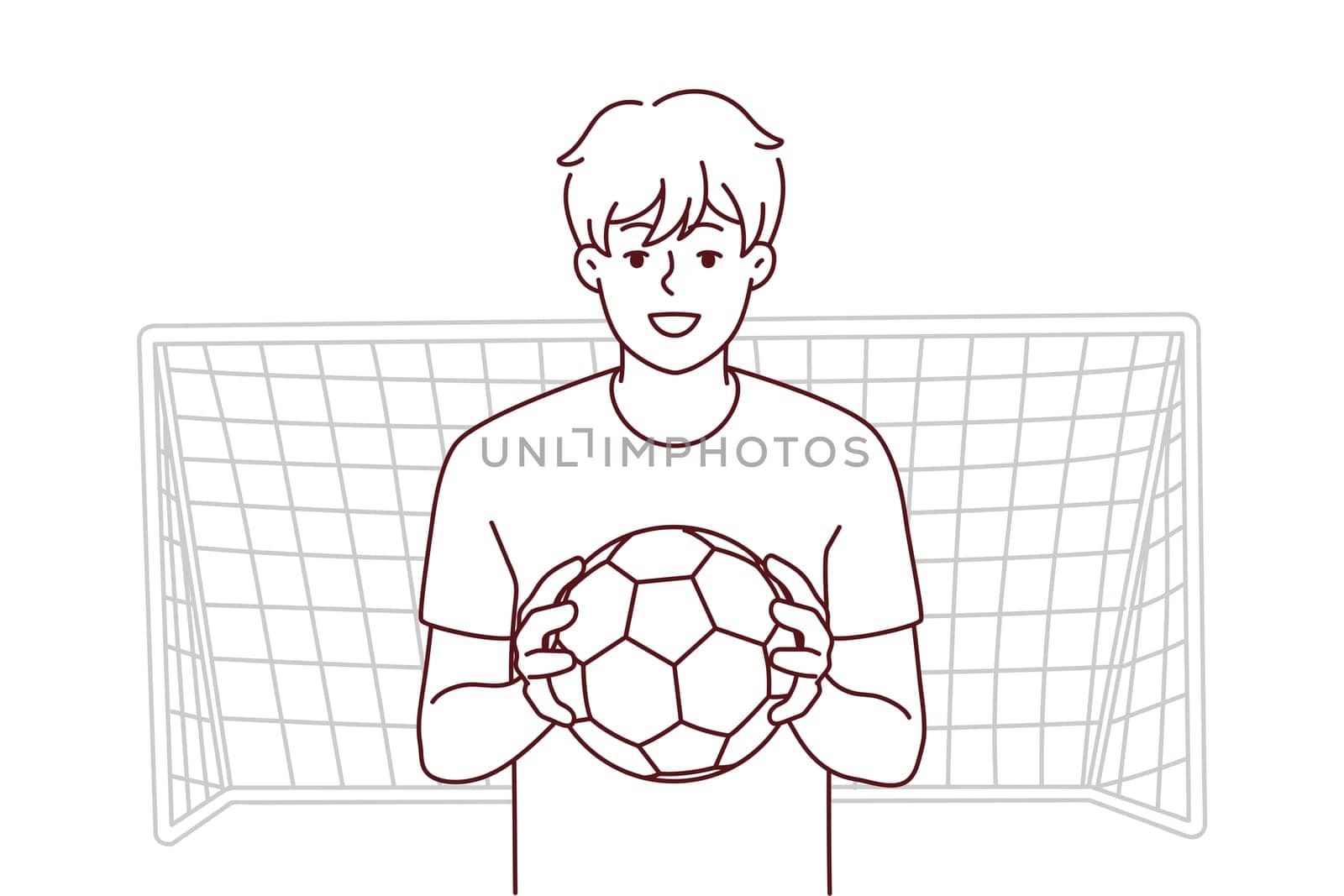 Smiling guy with ball stand near gates playing football. Happy male athlete or sportsman enjoy soccer game outdoors. Goalkeeper near net. Vector illustration.