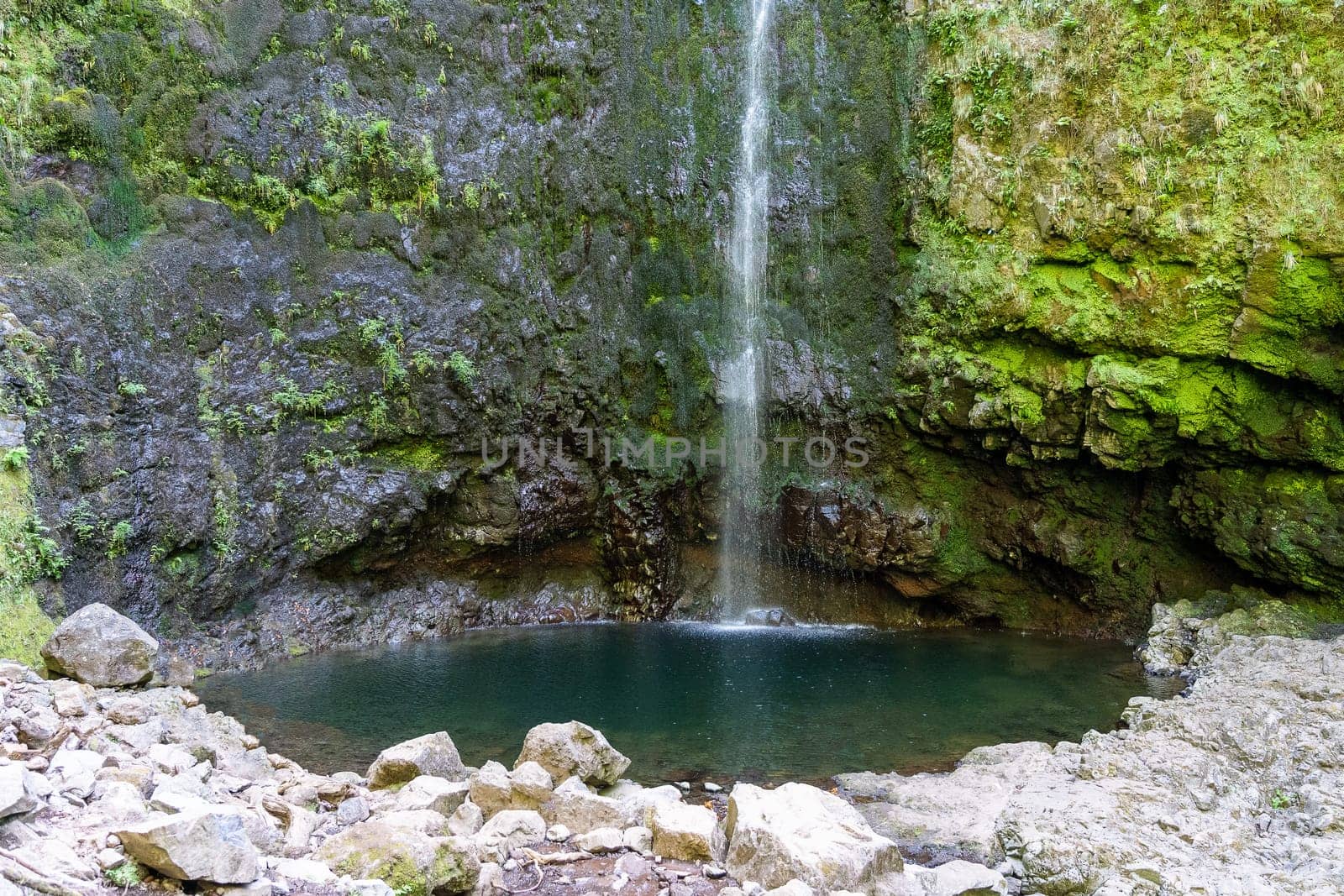 View of the Caldeirao verde waterfall, Santana, Madeira, Portugal