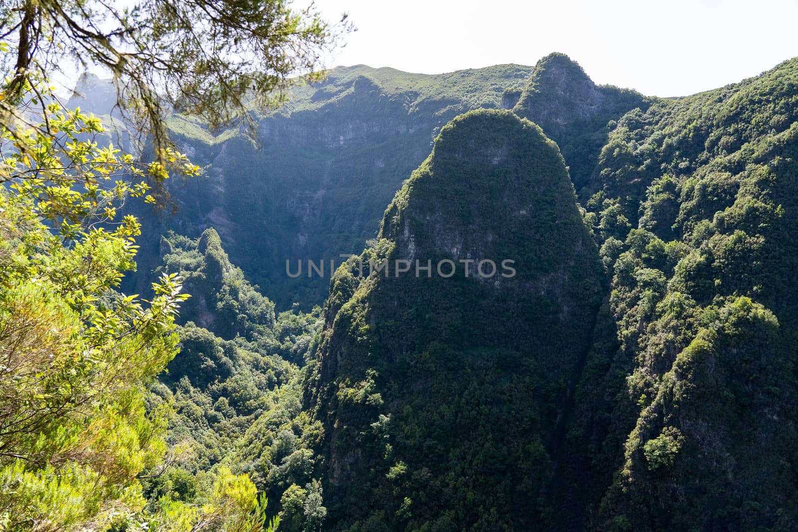 Mountain landscape. View of mountains on the route Queimadas Forestry Park - Caldeirao Verde, Madeira Island, Portugal, Europe.