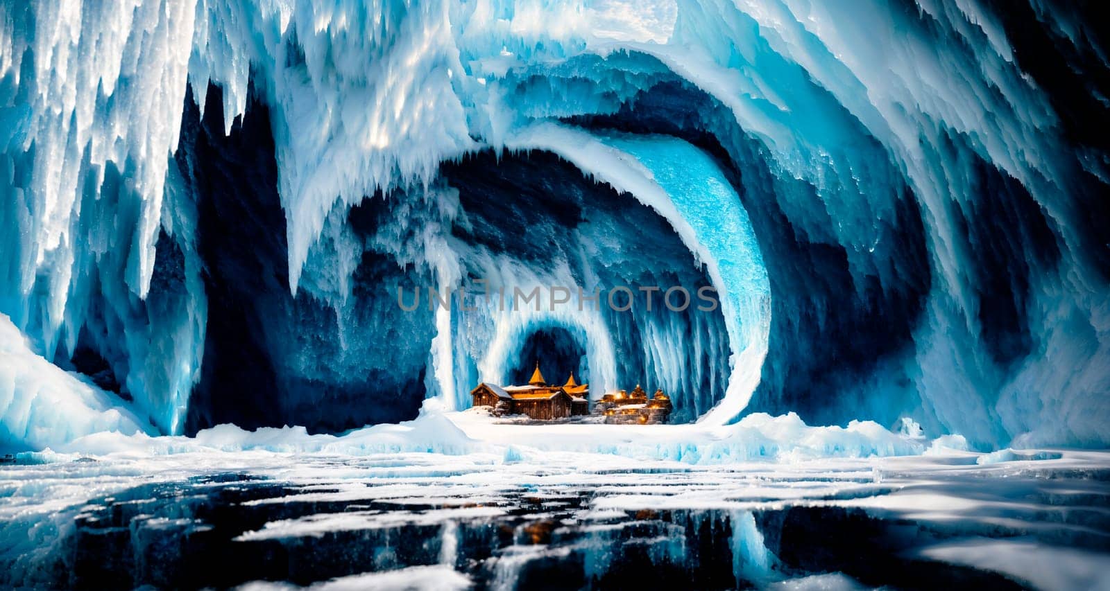 A snowy ice cave with a light shining inside. Generative AI