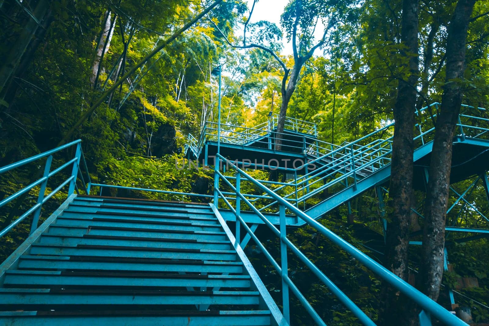 climbing stairs during fall autumn season outdoors . Autumn in the park .  yellow leaf in Autumn season . season change . turning and changing moving on concept idea background