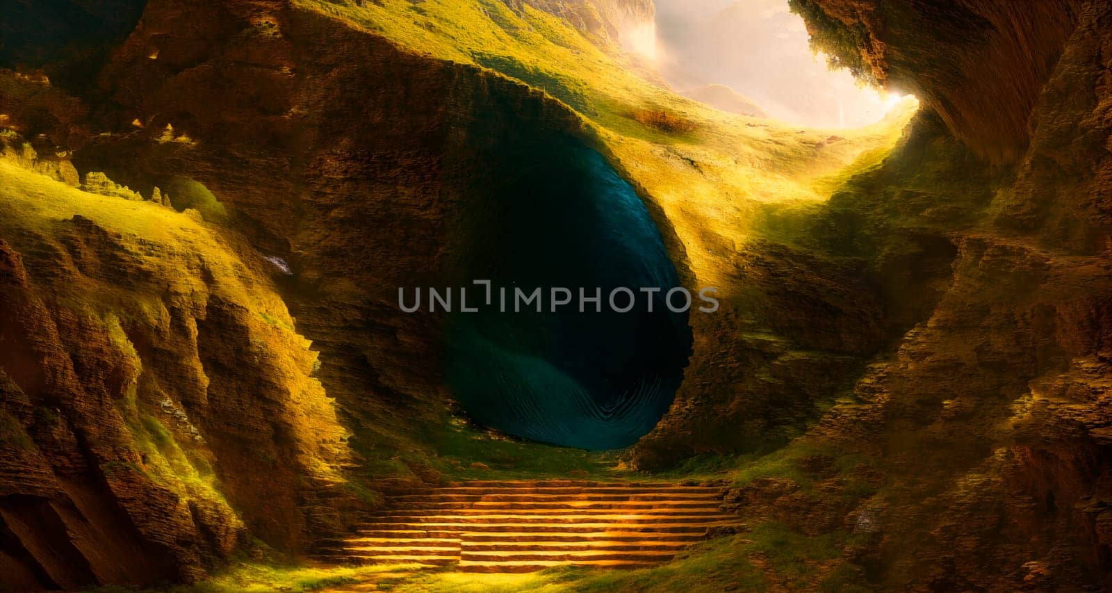 The sun's rays illuminate a green cave with a staircase leading to a dark tunnel. Generative AI
