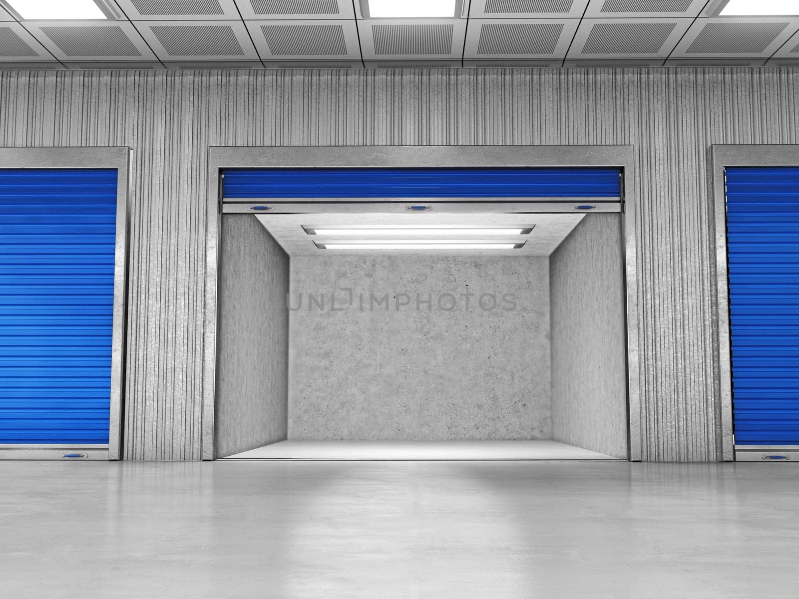 Self storage units with one open empty room. 3D illustration.