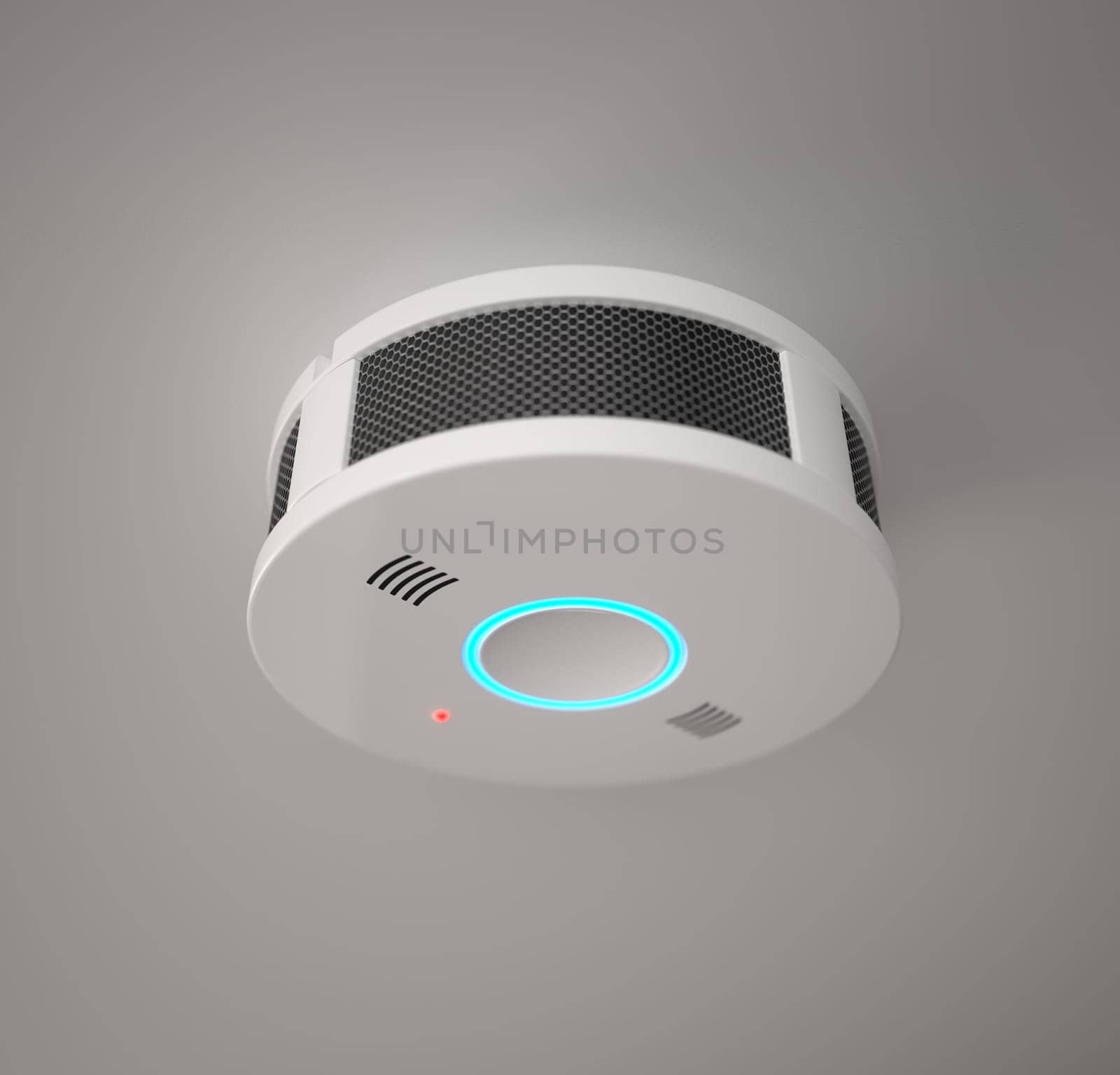 Smoke detector on the room ceiling. 3D illustration.