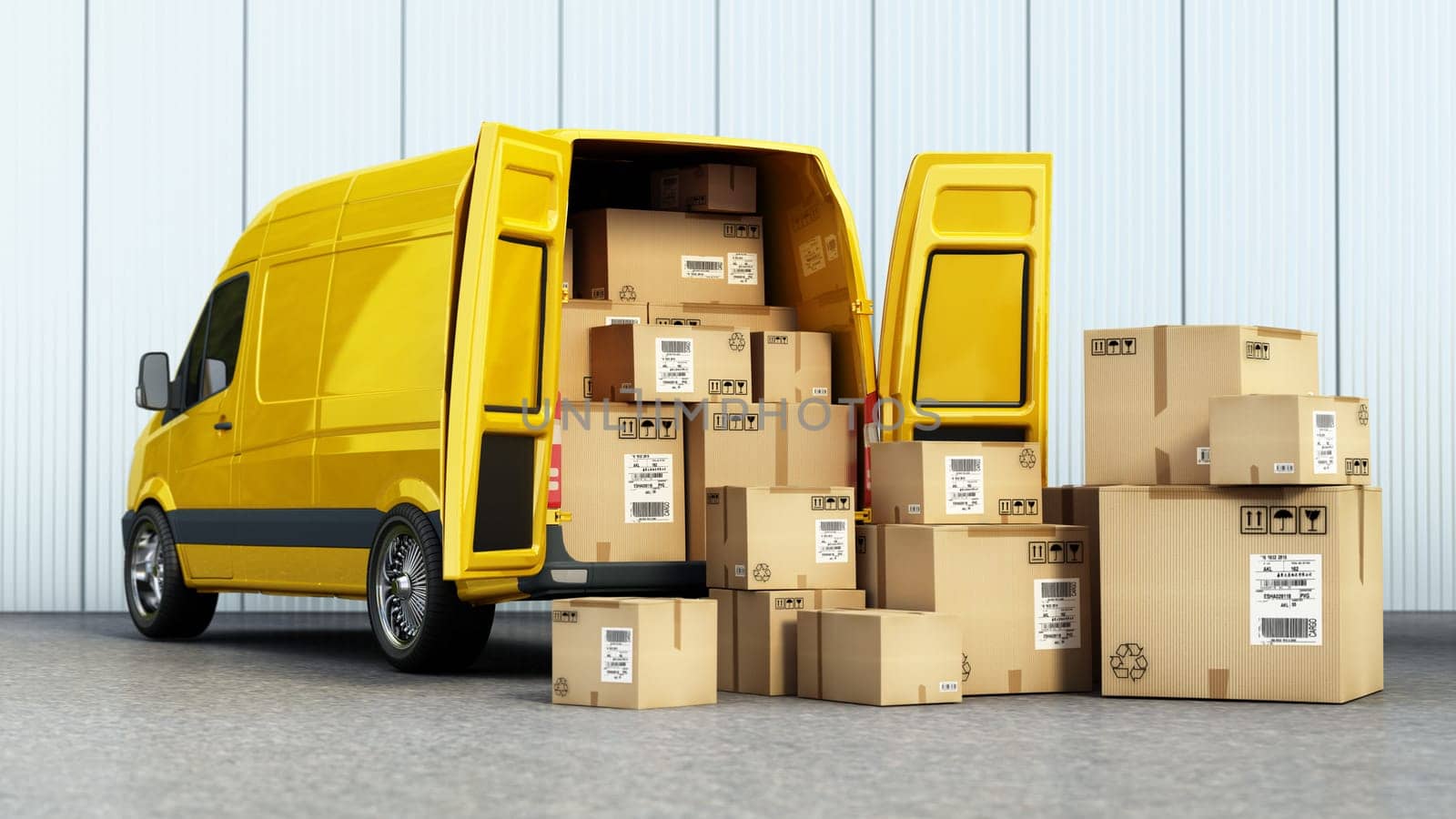Stack of cardboard boxes standing near open cargo van rear door. Cargo distribution and transportation concept. 3D illustration.