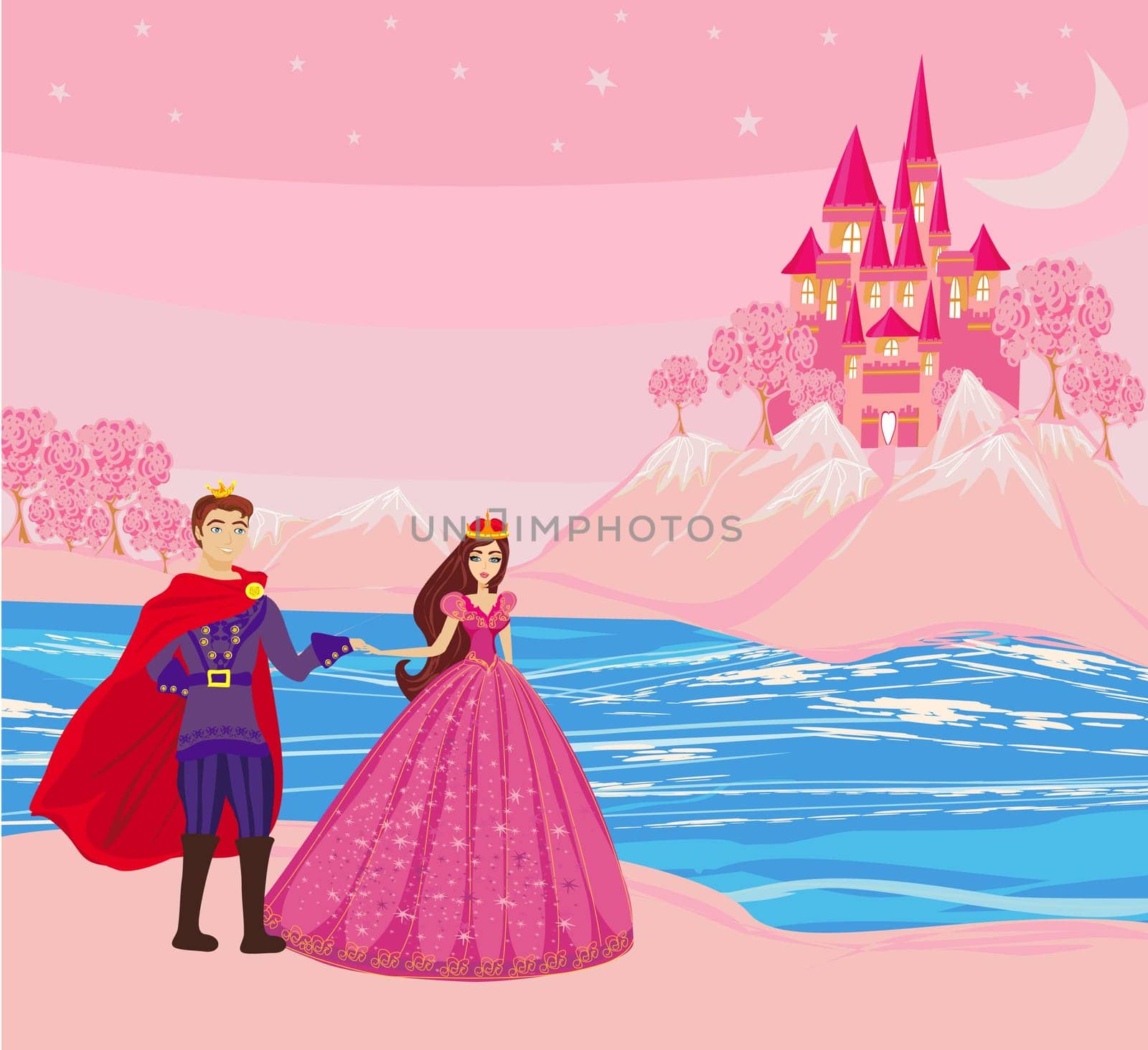 The princess and the prince on a beautiful beach during sunset