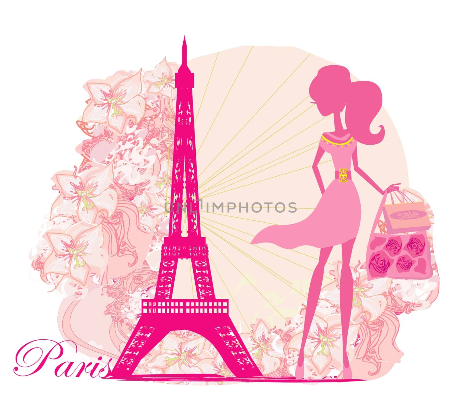 Women Shopping in Paris - decorative floral banner