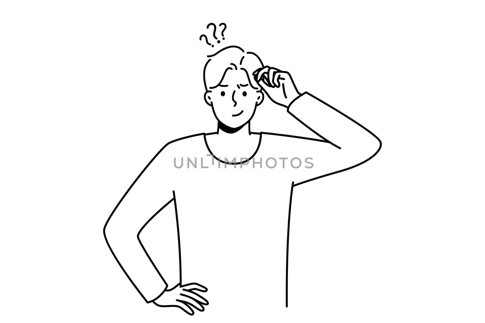 Frustrated young man think of problem solution. Pensive guy feel confused and doubtful solving trouble or issue. Dilemma. Vector illustration.