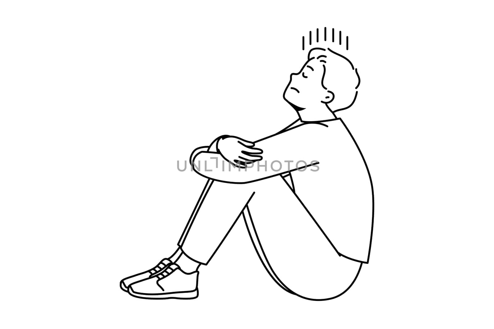 Unhappy young man sit on floor suffer from loneliness and repetitive thoughts. Stressed male struggle with depression or anxiety. Vector illustration.