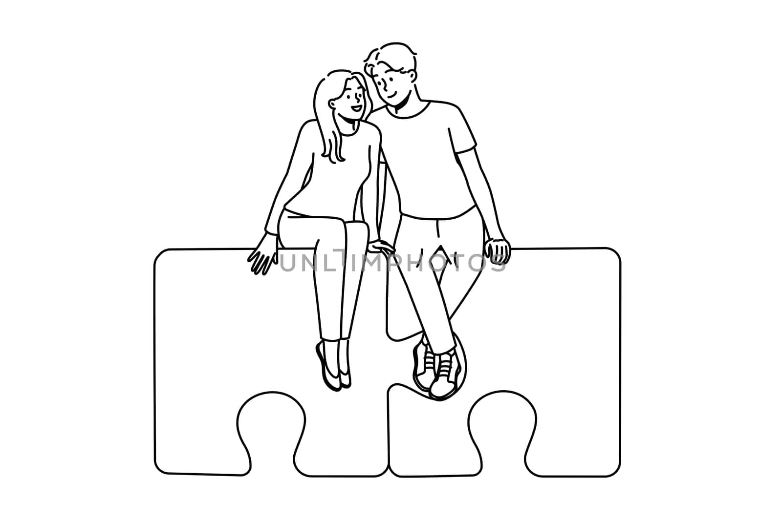 Happy couple sitting on jigsaw puzzles hugging. Smiling man and woman embrace find love together. Relationship and affection. Vector illustration.