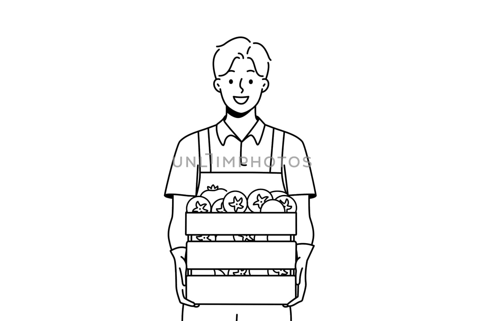Smiling male farmer holding box of fresh tomatoes. Happy man gardener with baskets of vegetables from farm. Gardening and agriculture. Vector illustration.