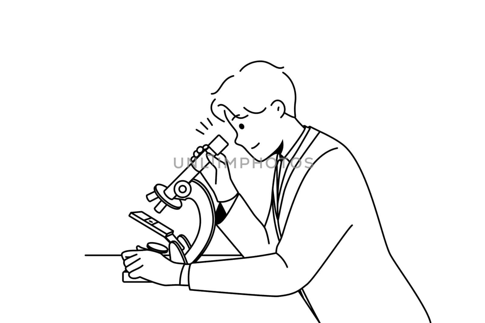 Young man scientist in white medical uniform look at sample in microscope in lab. Male researcher examine specimen in laboratory. Medicine and biotechnology. Vector illustration.