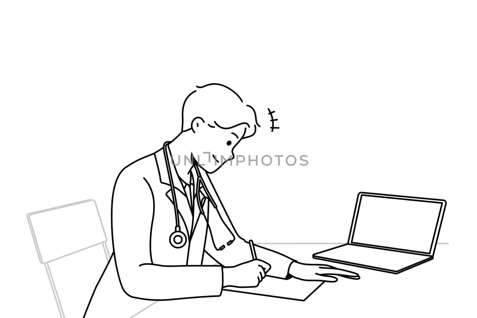 Male doctor sit at desk in hospital work on laptop write prescription to patient. Modern man GP in clinic handwrite in medical journal. Medicine. Vector illustration.