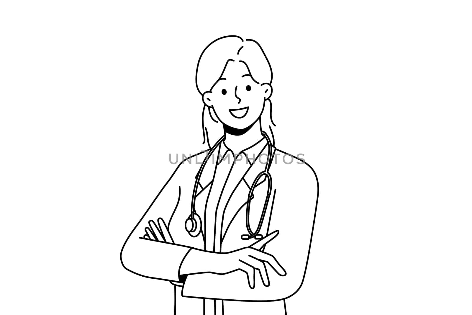 Smiling female doctor in white medical uniform feel positive and optimistic. Happy woman GP or therapist posing showing leadership qualities. Medicine. Vector illustration.