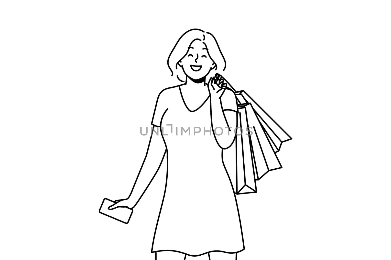 Happy young woman with bags excited with shopping in mall or store. Smiling girl overjoyed with purchases. Consumerism concept. Vector illustration.