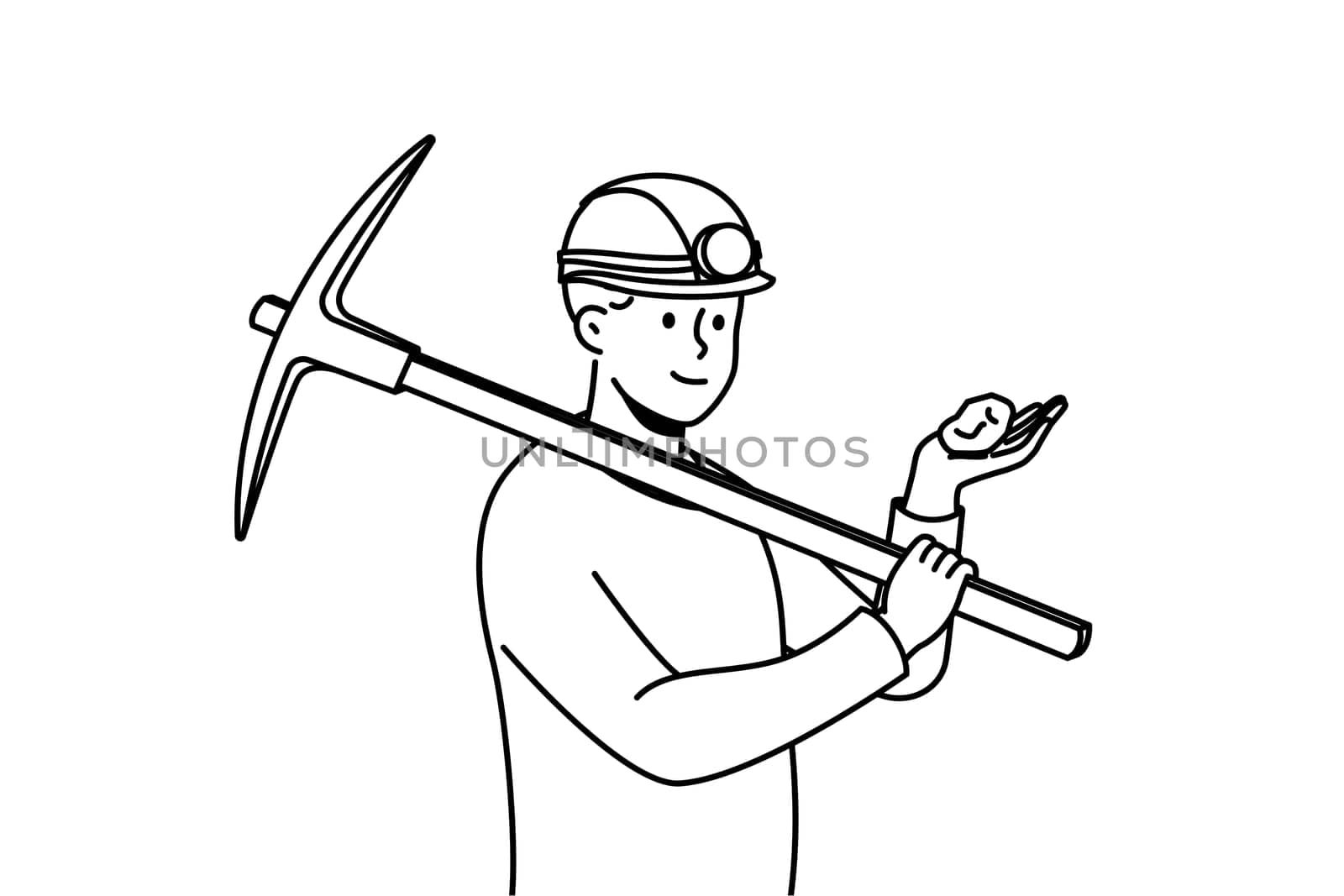 Dirty male miner in helmet holding jewel in hands. Man working in mine searching for precious stones. Occupation. Vector illustration.