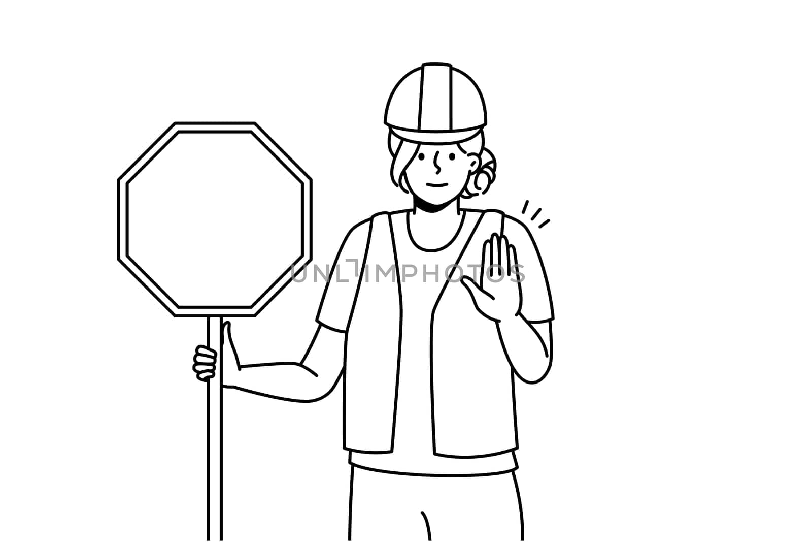 Young woman in uniform holding stop road sign in hands. Female worker in helmet stand on road show stop hand gesture. Vector illustration.