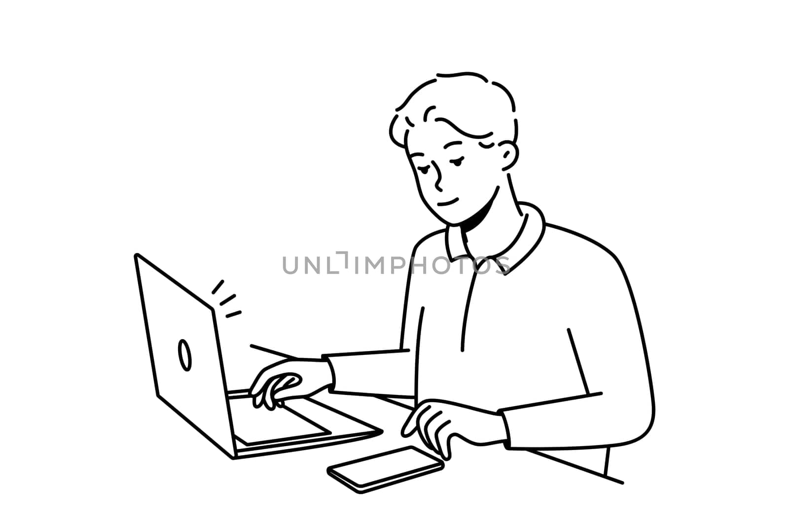 Young businessman sit at desk work on laptop use cellphone. Male employee multitask busy with electronic gadgets on table in office. Vector illustration.