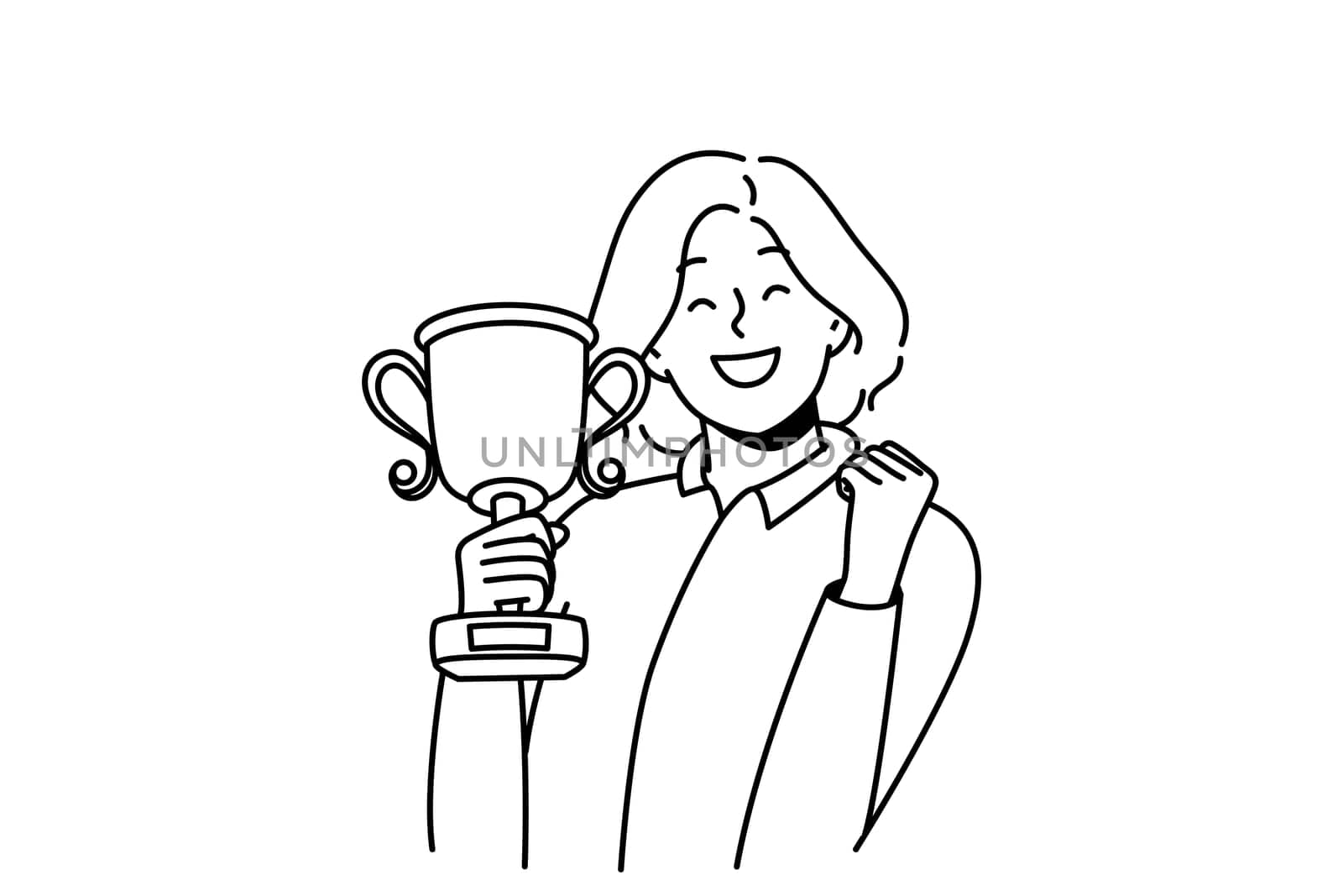 Overjoyed young woman with gold trophy in hands celebrate win or victory. Smiling businesswoman with golden prize excited with personal achievement or success. Vector illustration.