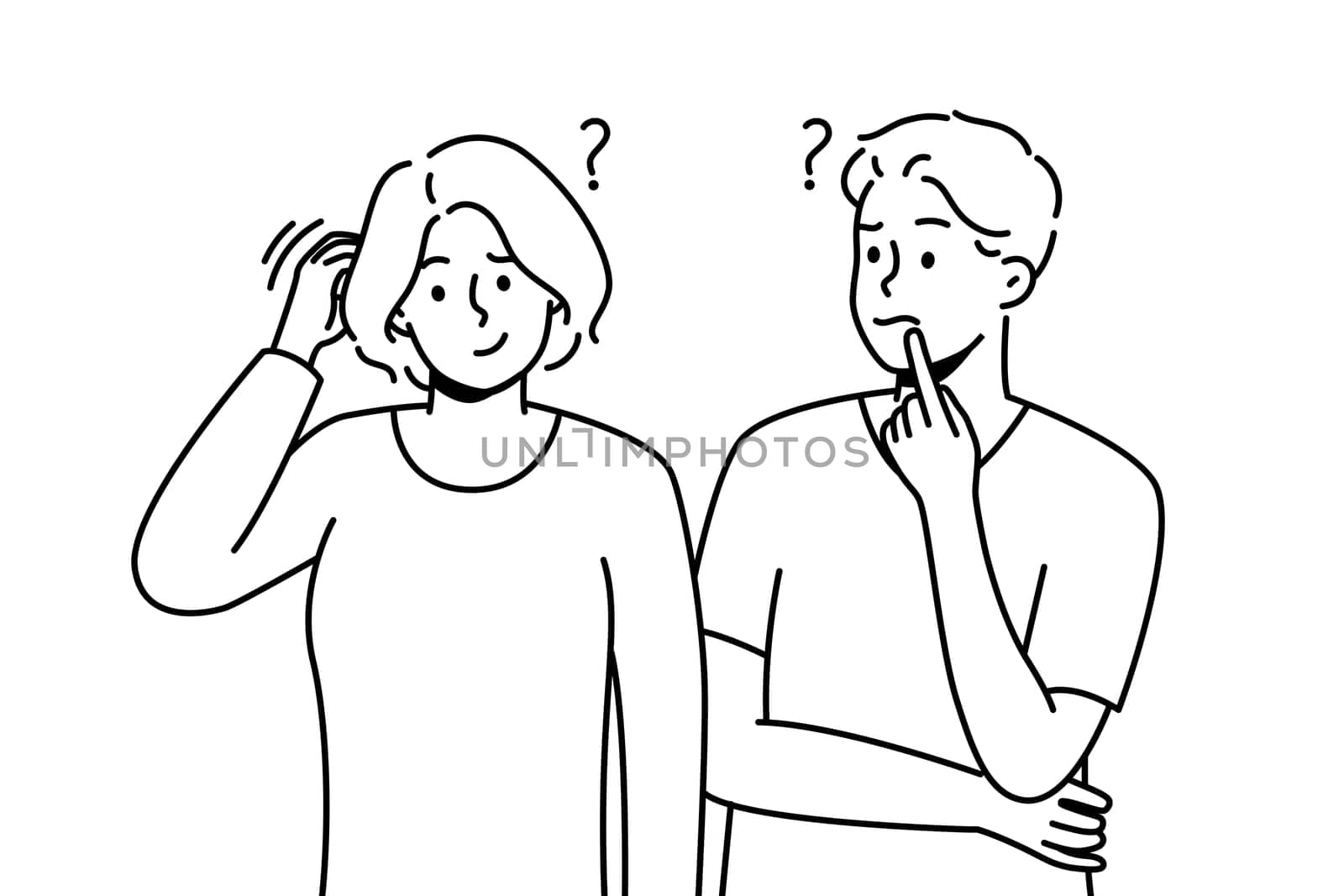 Confused man and woman thinking solving problem together. Frustrated couple feel unsure or doubtful look for solution or decision. Vector illustration.