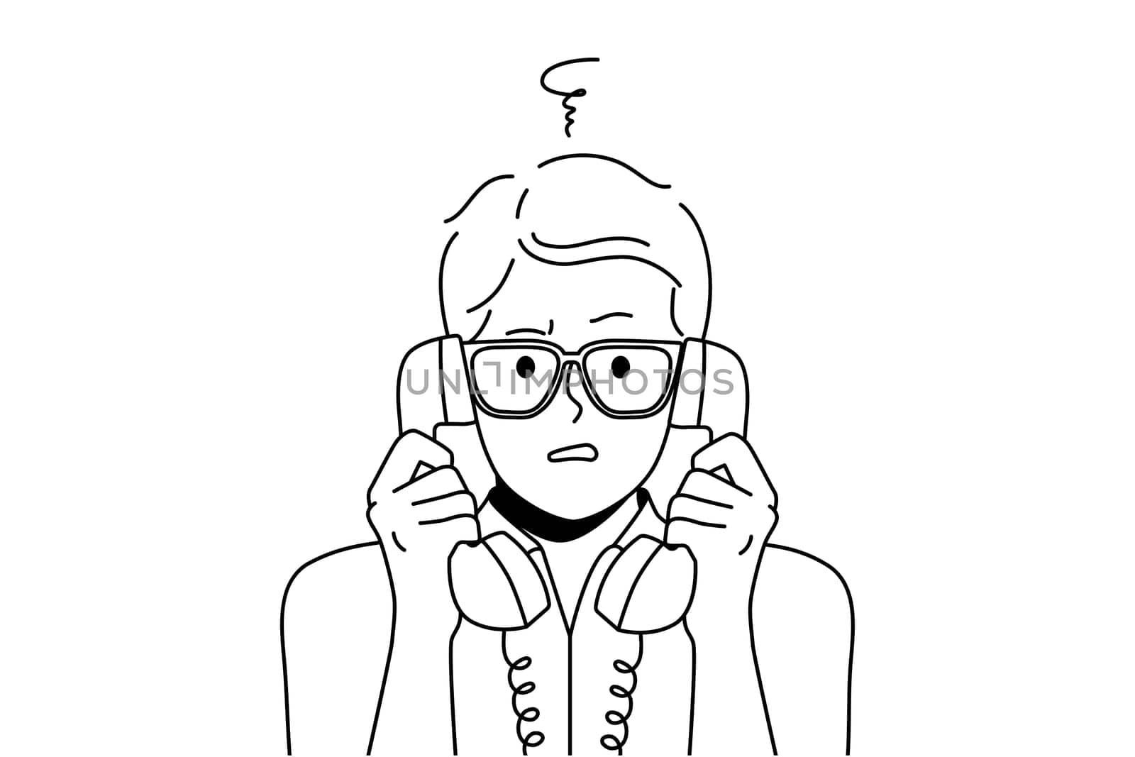 Confused man with landline phones headsets feel frustrated talking. Distressed guy in glasses shocked speaking on corded telephone. Vector illustration.