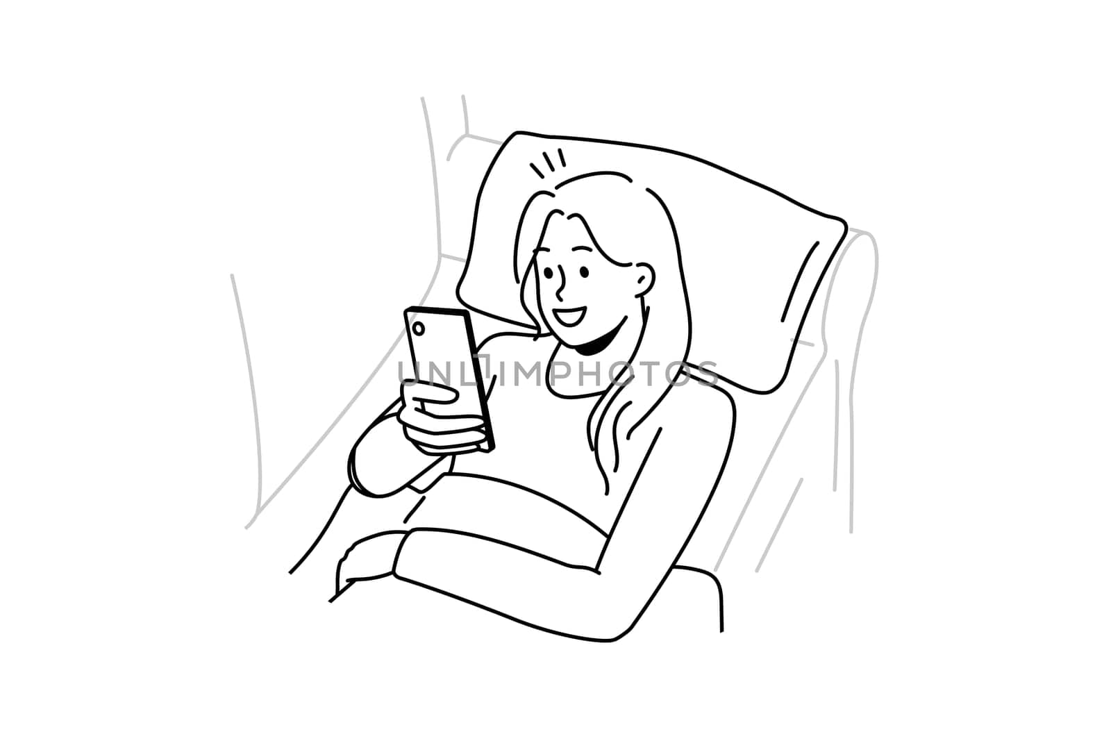 Happy girl lying on couch using cellphone texting or messaging. Smiling young woman relax on sofa at home browse internet on smartphone. Vector illustration.